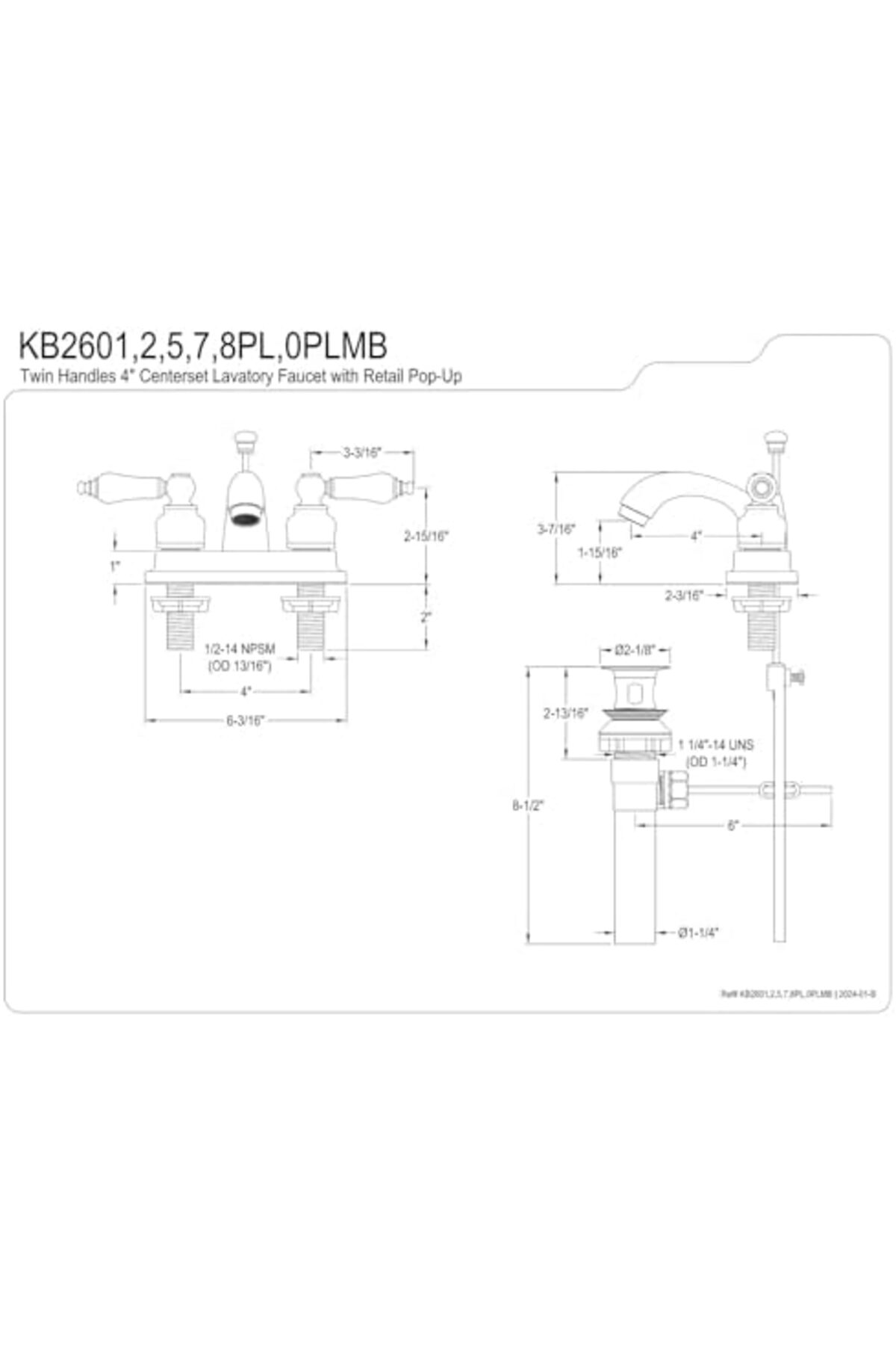 LuxShoping KB2601PL 4 İnç Lavabo Bataryası, Porselen Kol Saplı Pa