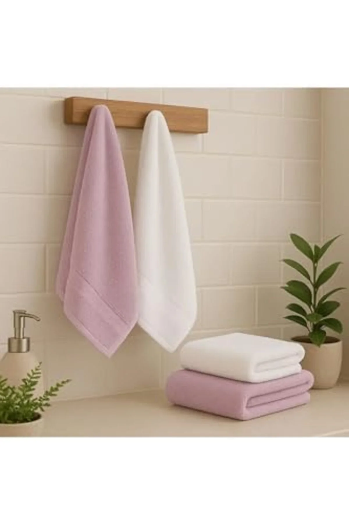 LuxShoping Lüks Banyo Havlusu Seti, 4 Parça, Pembe ve Beyaz, Yumu