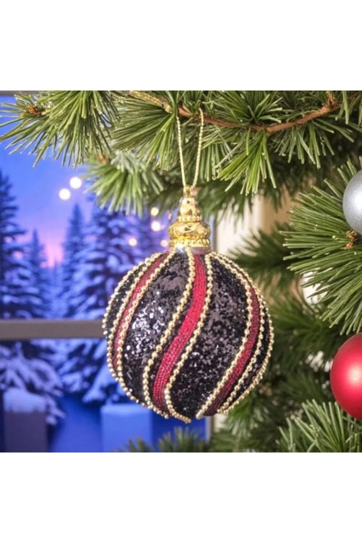 LuxShoping LÜKS YILBAŞI TOPU 8CM ALTIN BONCUK ŞERİTLİ IŞILTILI PA