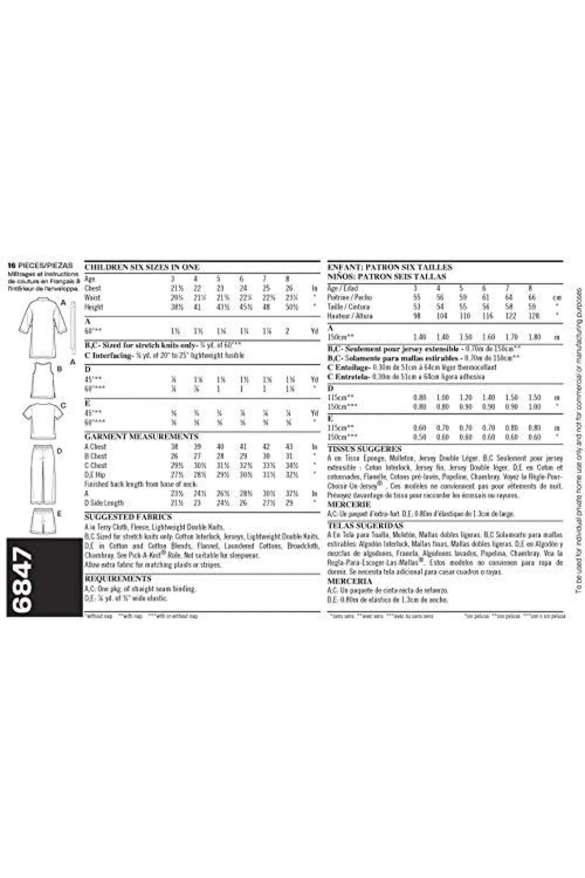 LuxShoping New Look Pattern 6847 Child Sleepwear, Size A (3-4-5-6