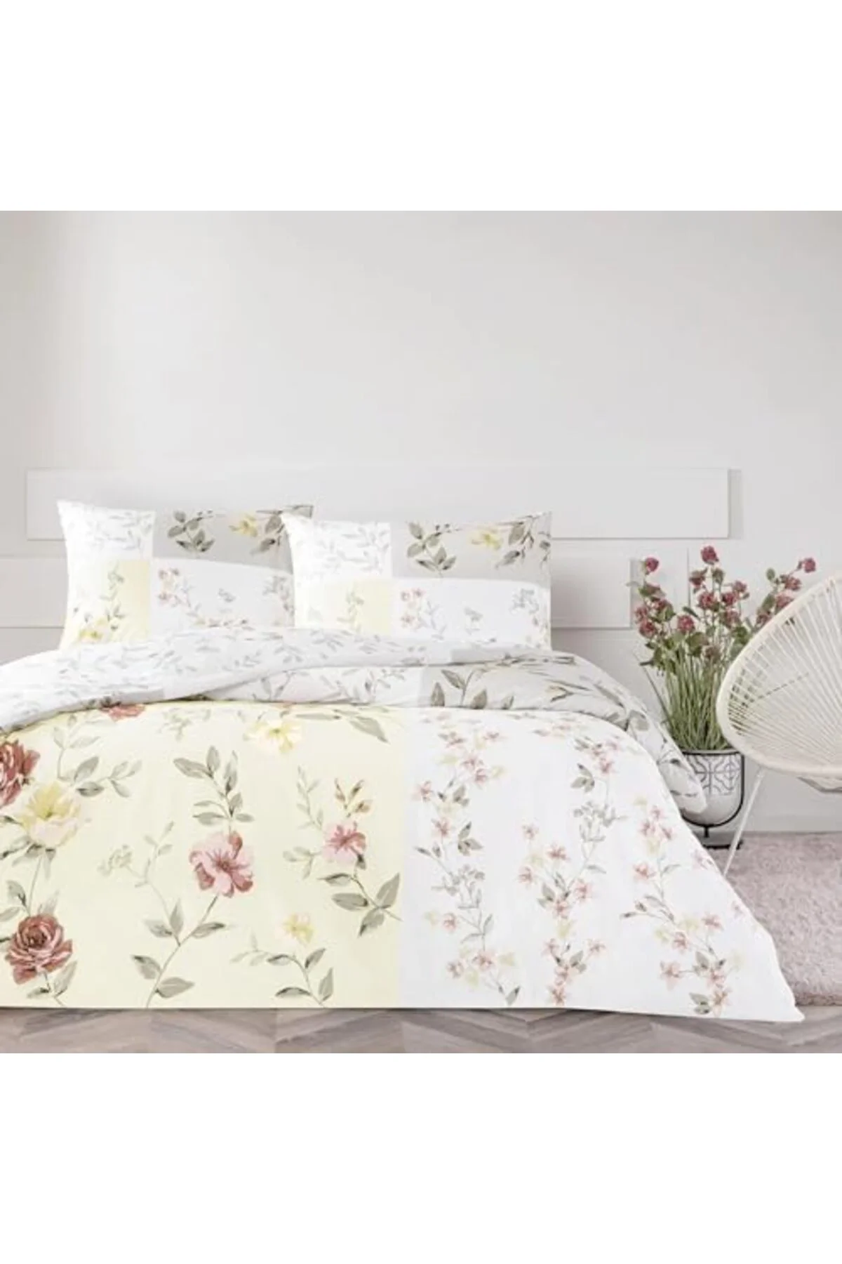 LuxShoping Sandra Renkli Klişe Pamuk Nevresim Takımı, Ekru, Tek K