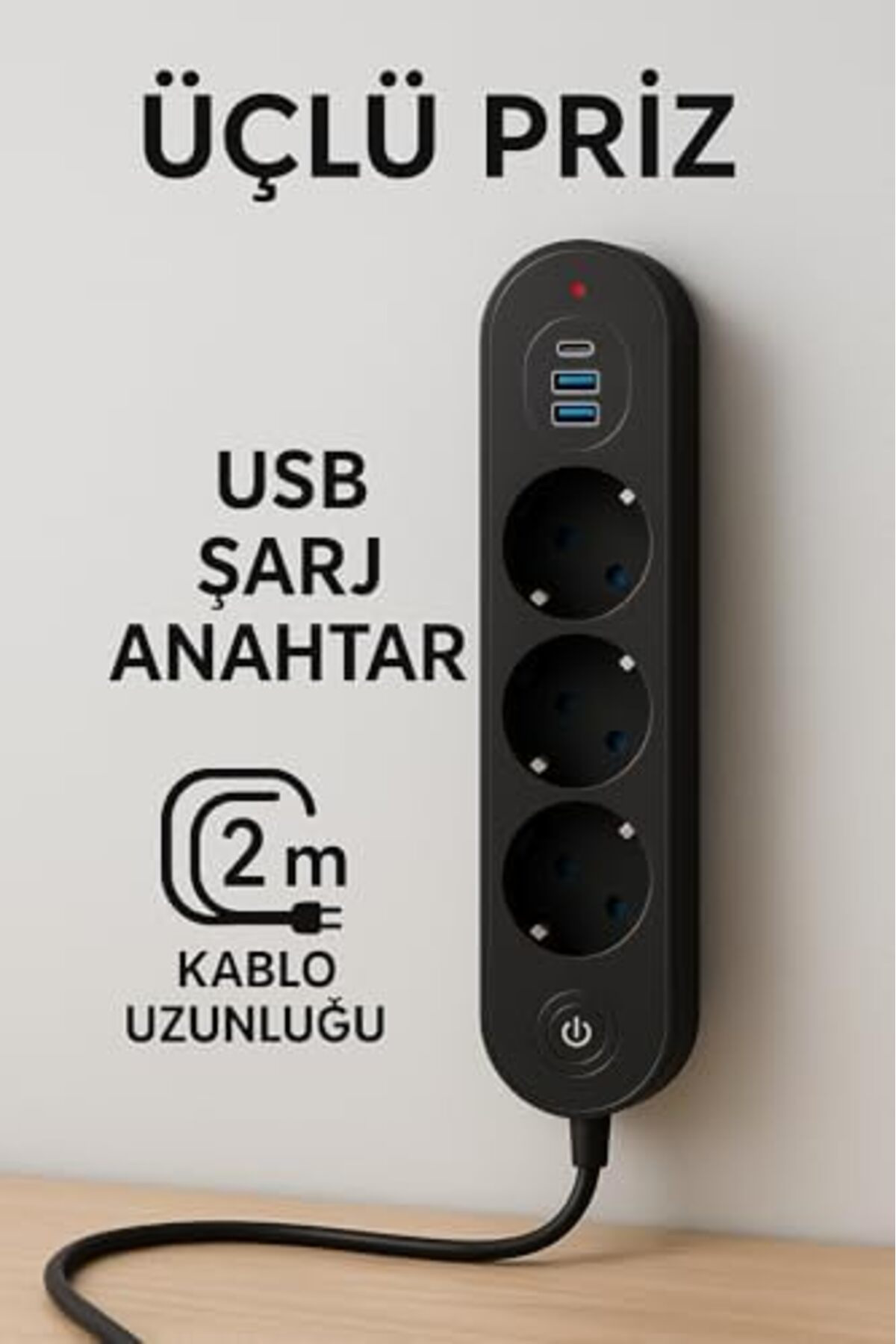 LuxShoping Smayling 3’lü Priz | 2 USB-A + 1 USB-C | Termal Akım K