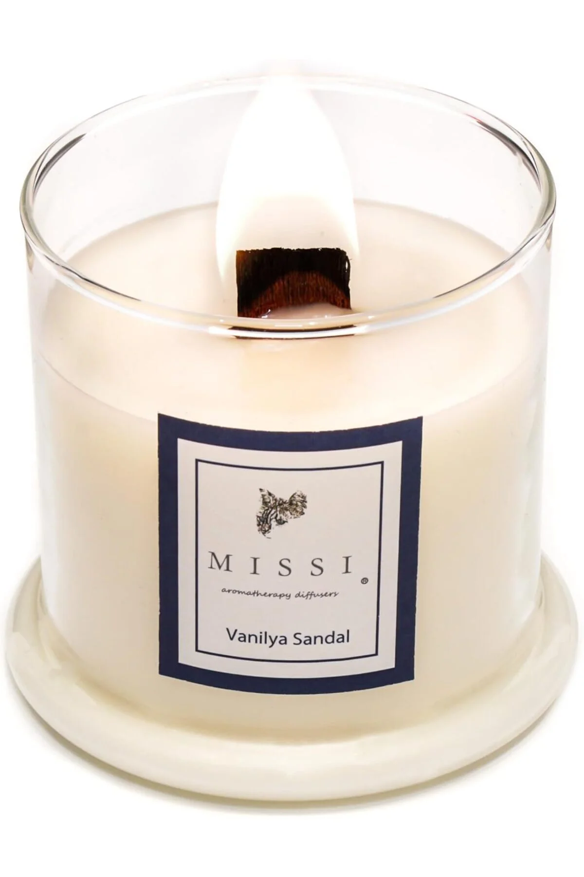 LuxShoping Üfleme Cam Ahşap Fitilli Vanilya Sandal Vegan Mum (140