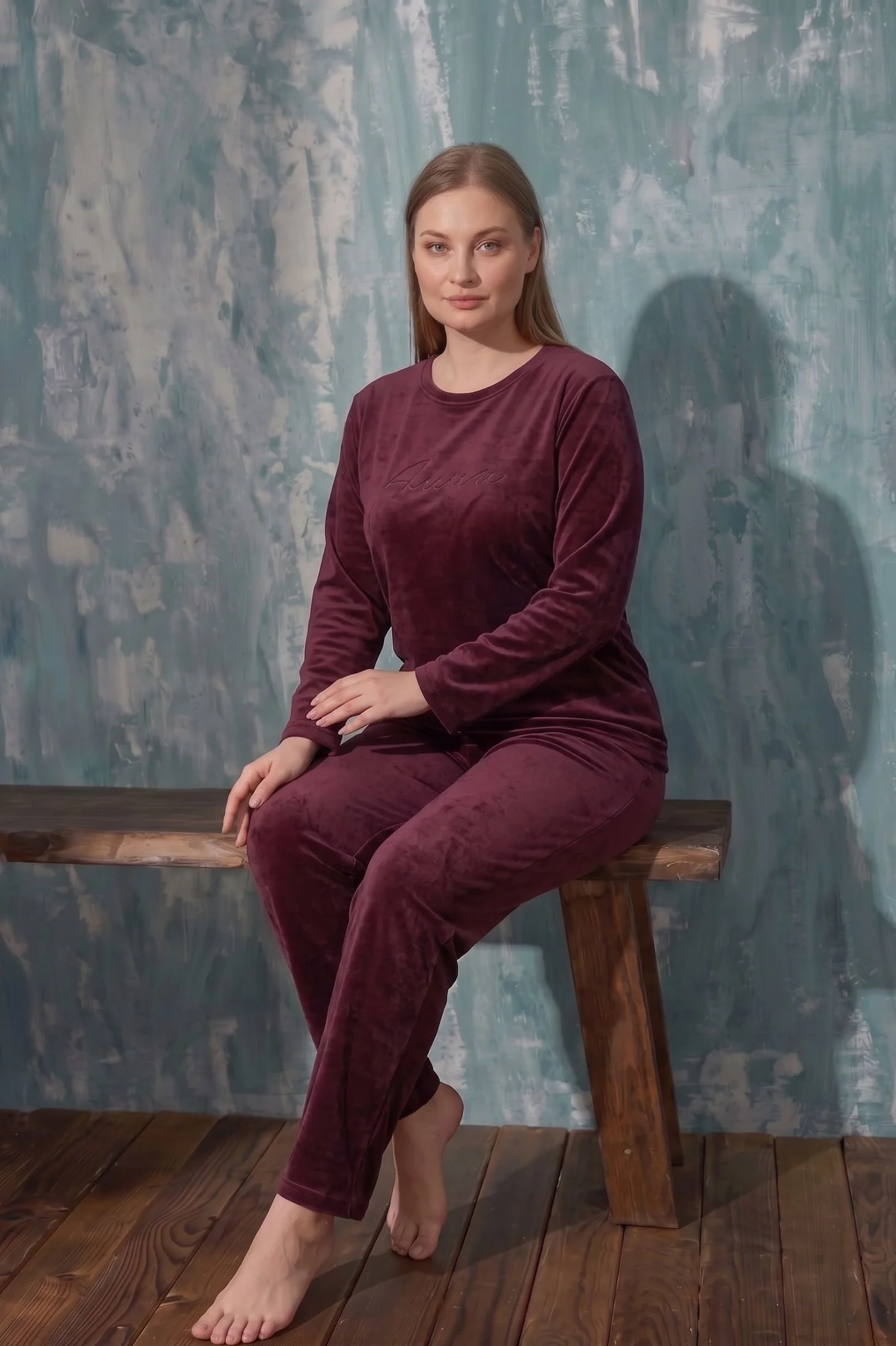 Luxury Velvet Büyük Beden Fransız Kadife Pijama Takımı, Bordo, 3XL