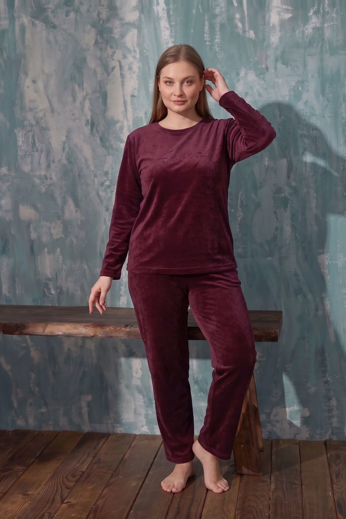 Luxury Velvet Büyük Beden Fransız Kadife Pijama Takımı, Bordo, 5XL