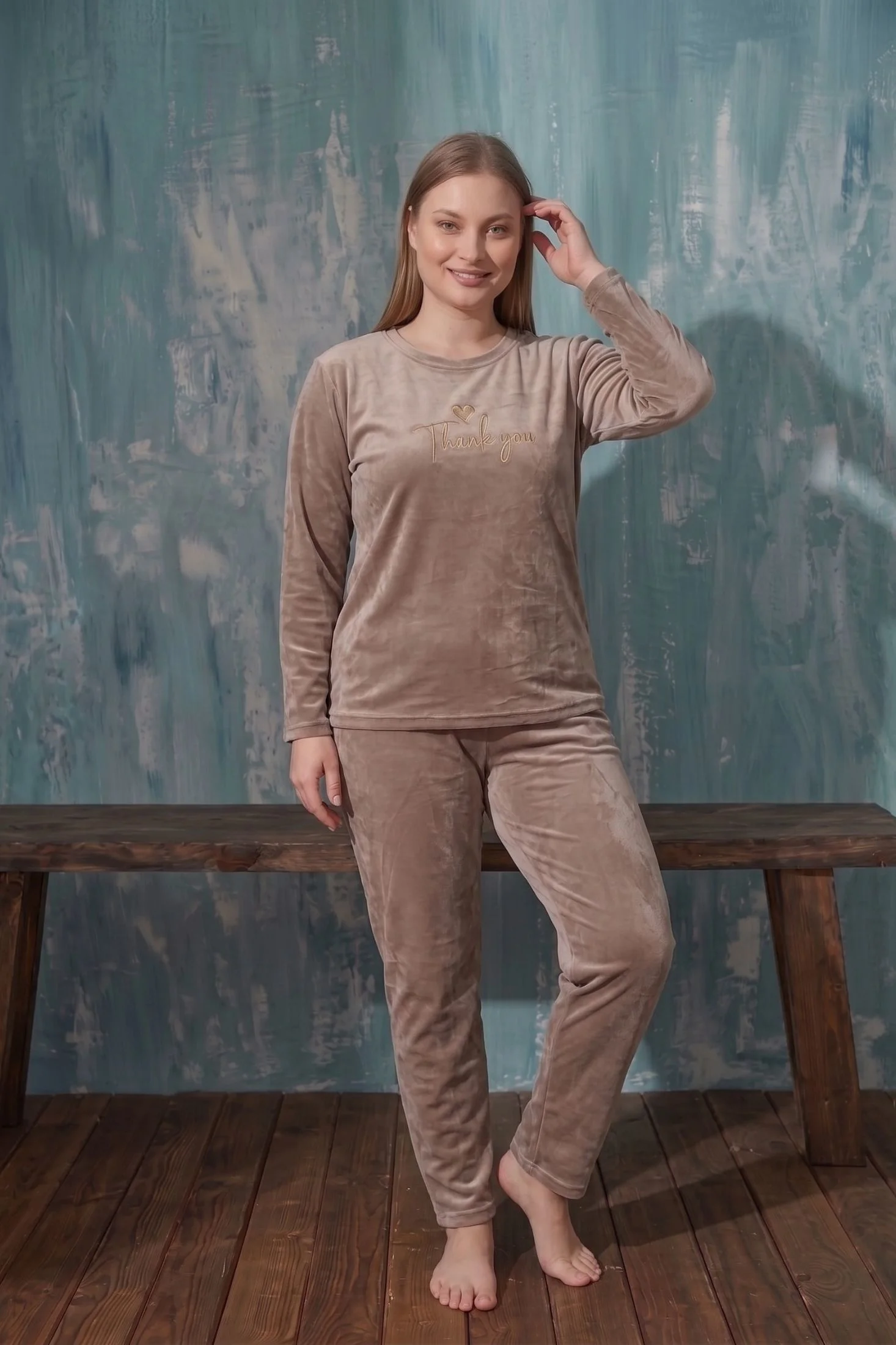 Luxury Velvet Büyük Beden Fransız Kadife Pijama Takımı, Kahverengi, 2XL