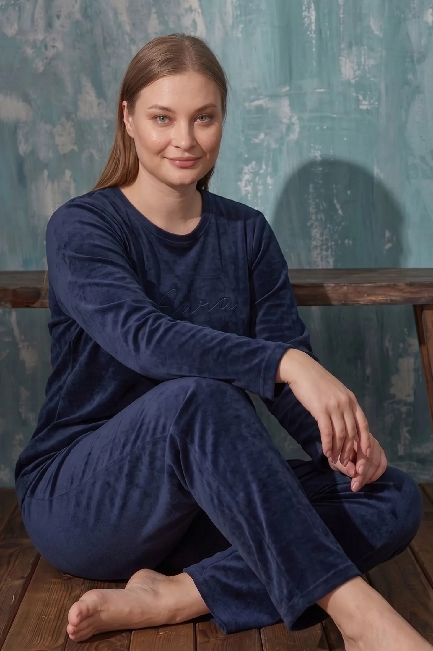 Luxury Velvet Büyük Beden Fransız Kadife Pijama Takımı, Lacivert, 5XL