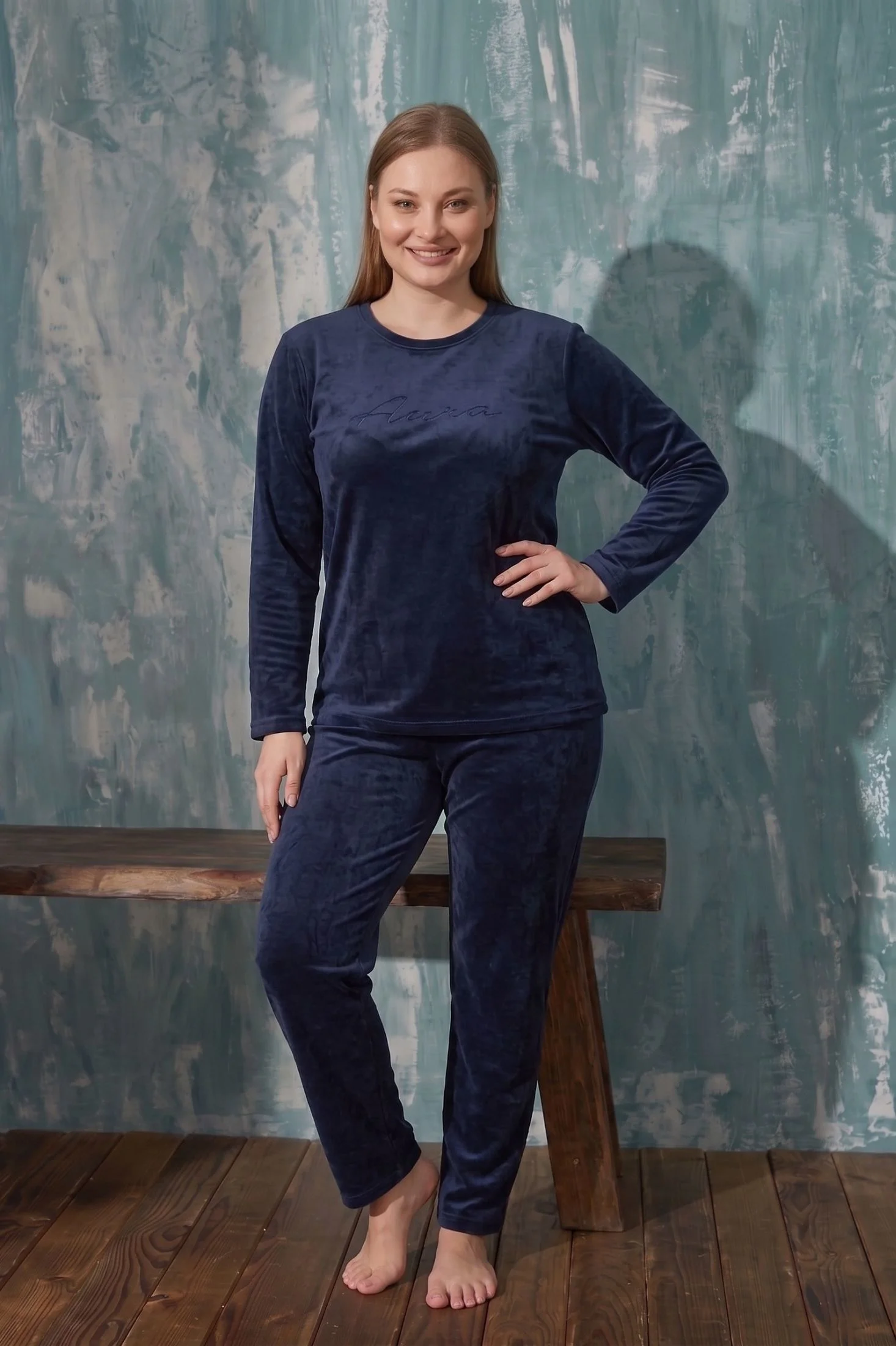 Luxury Velvet Büyük Beden Fransız Kadife Pijama Takımı, Lacivert, 5XL
