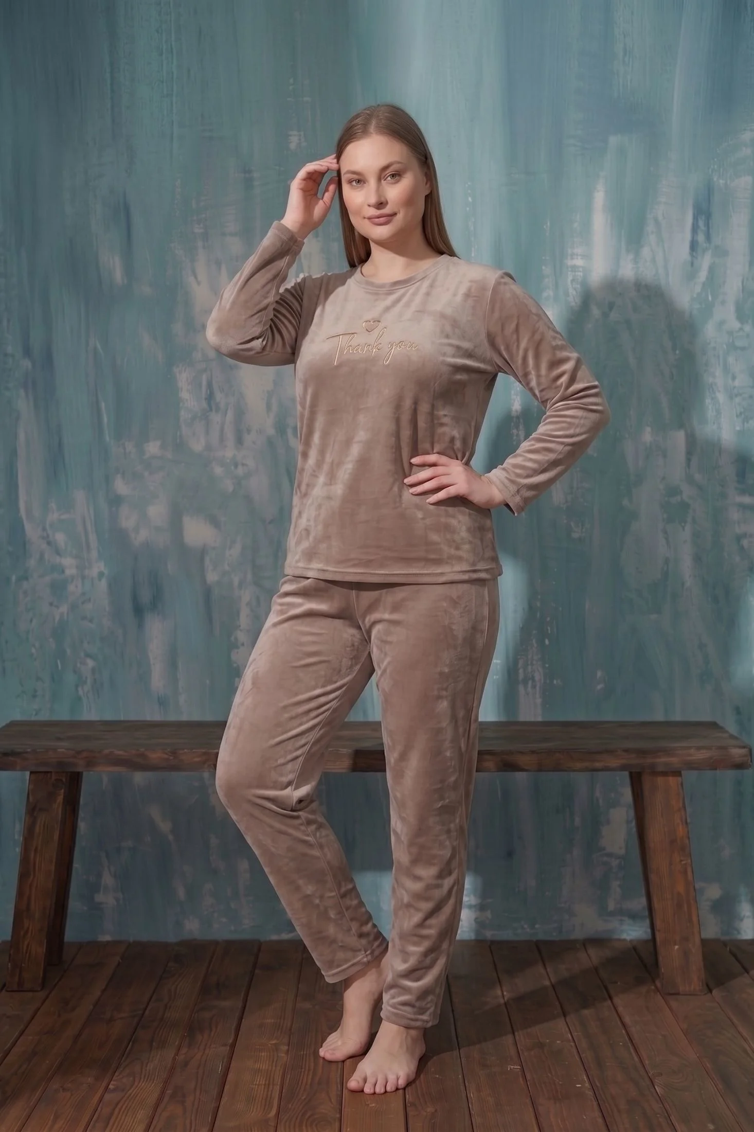 Luxury Velvet Büyük Beden Fransız Kadife Pijama Takımı, Kahverengi, 2XL