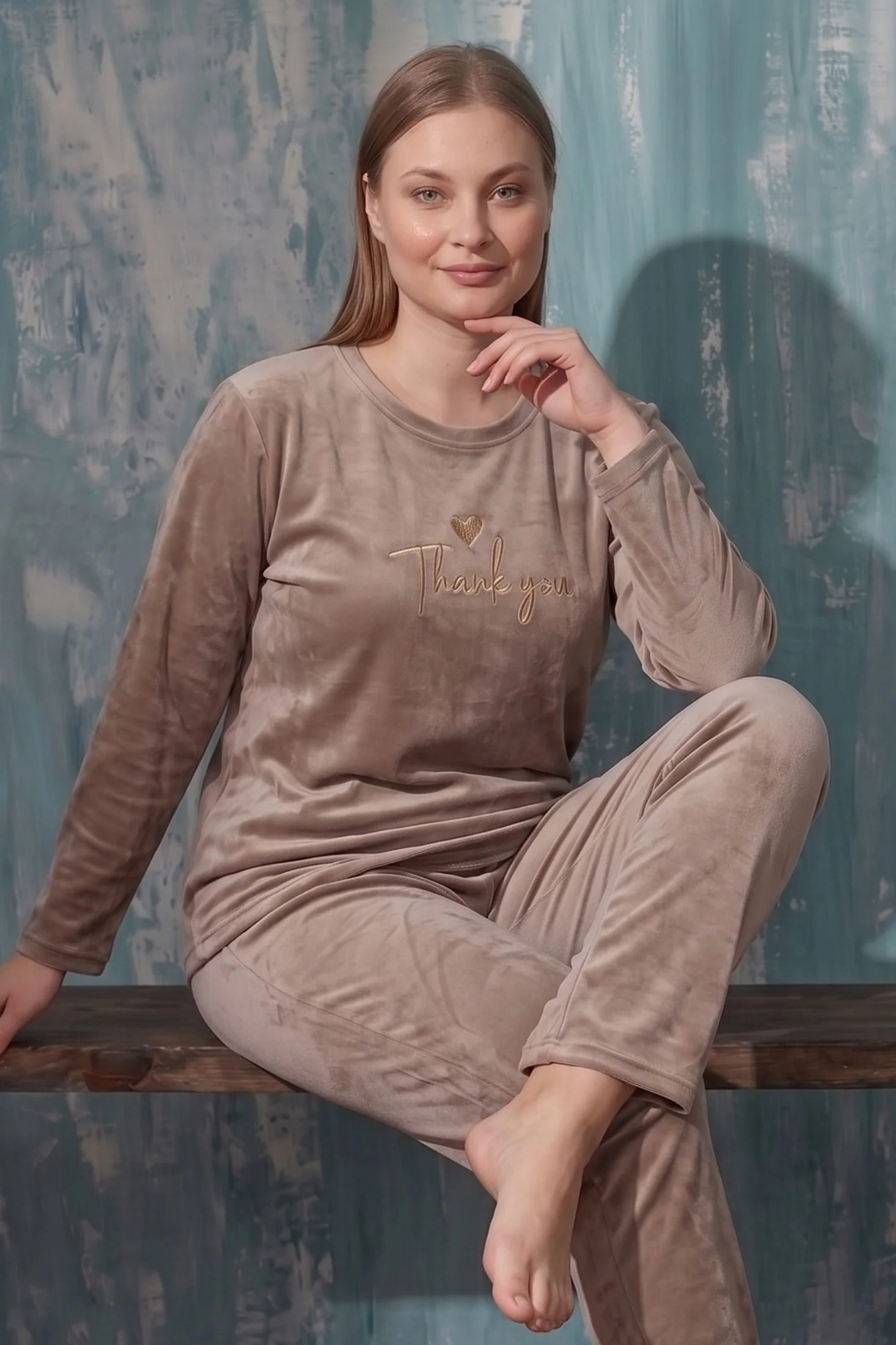 Luxury Velvet Büyük Beden Fransız Kadife Pijama Takımı, Kahverengi, 2XL