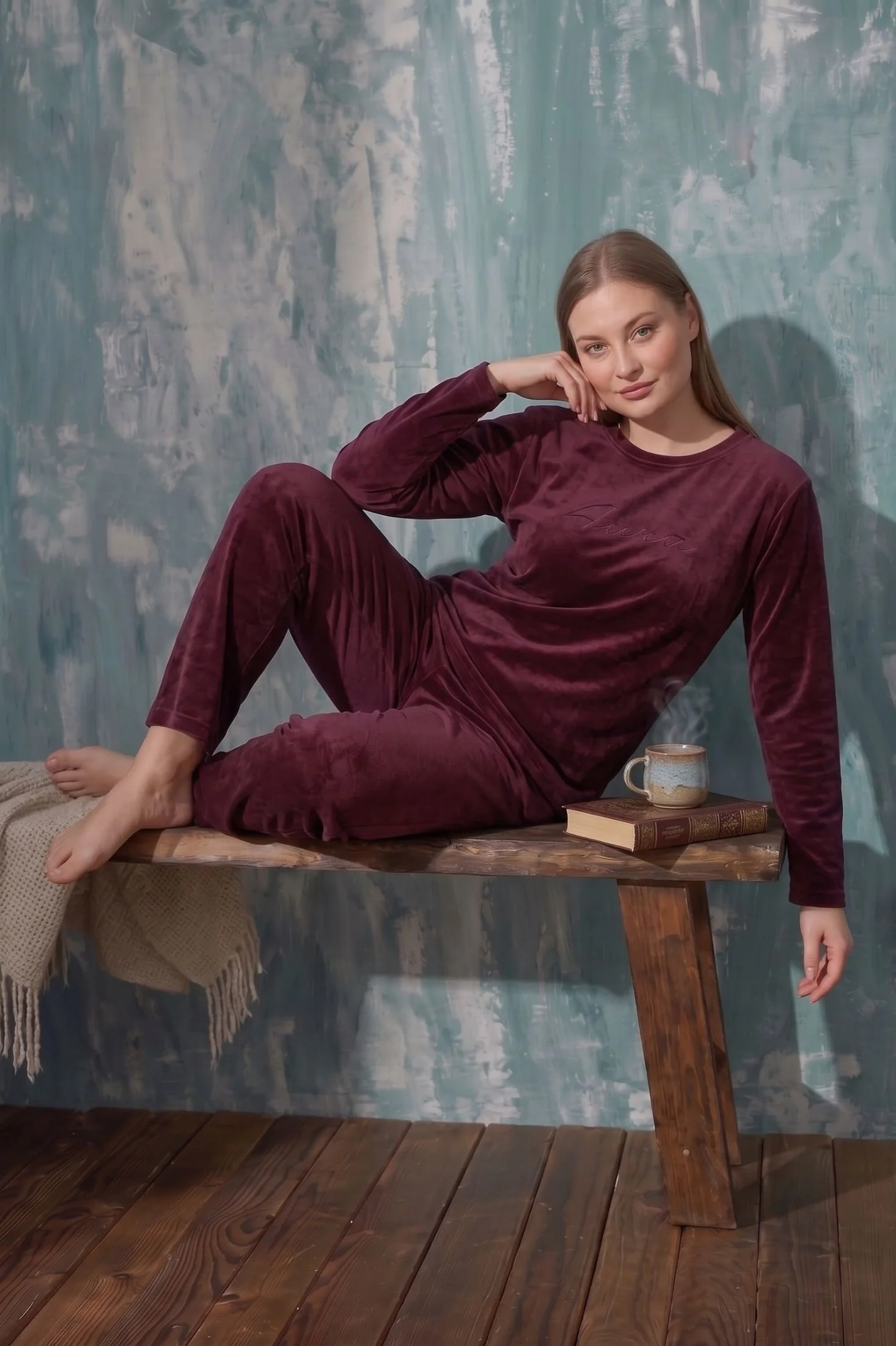 Luxury Velvet Büyük Beden Fransız Kadife Pijama Takımı, Bordo, 4XL