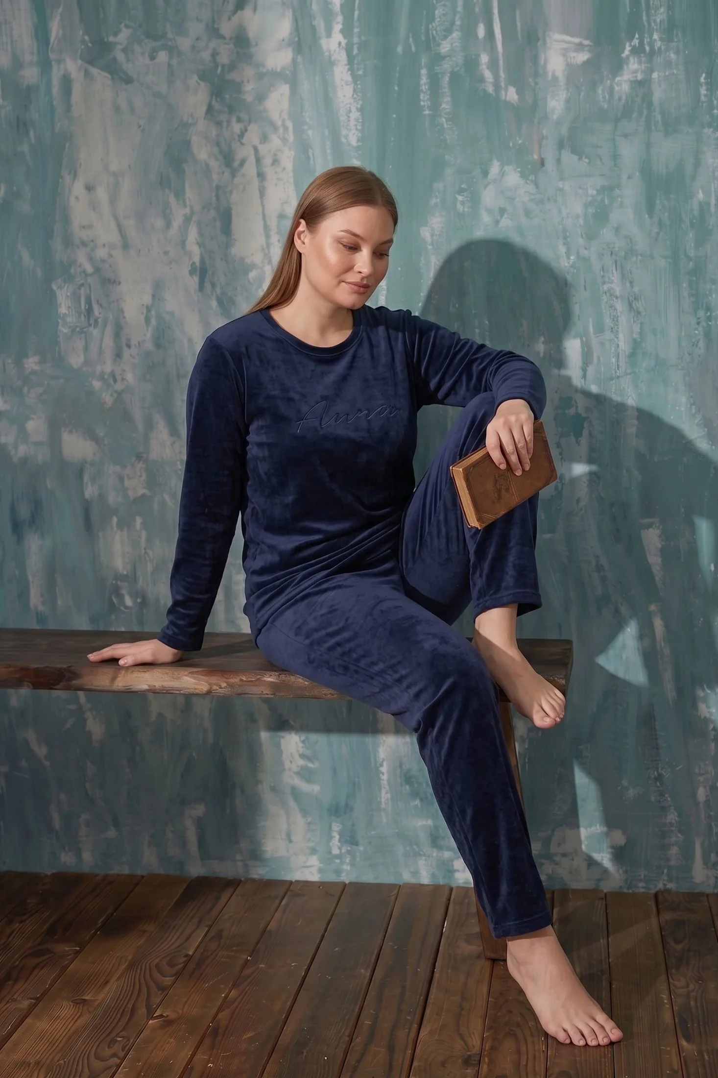 Luxury Velvet Büyük Beden Fransız Kadife Pijama Takımı, Lacivert, 2XL