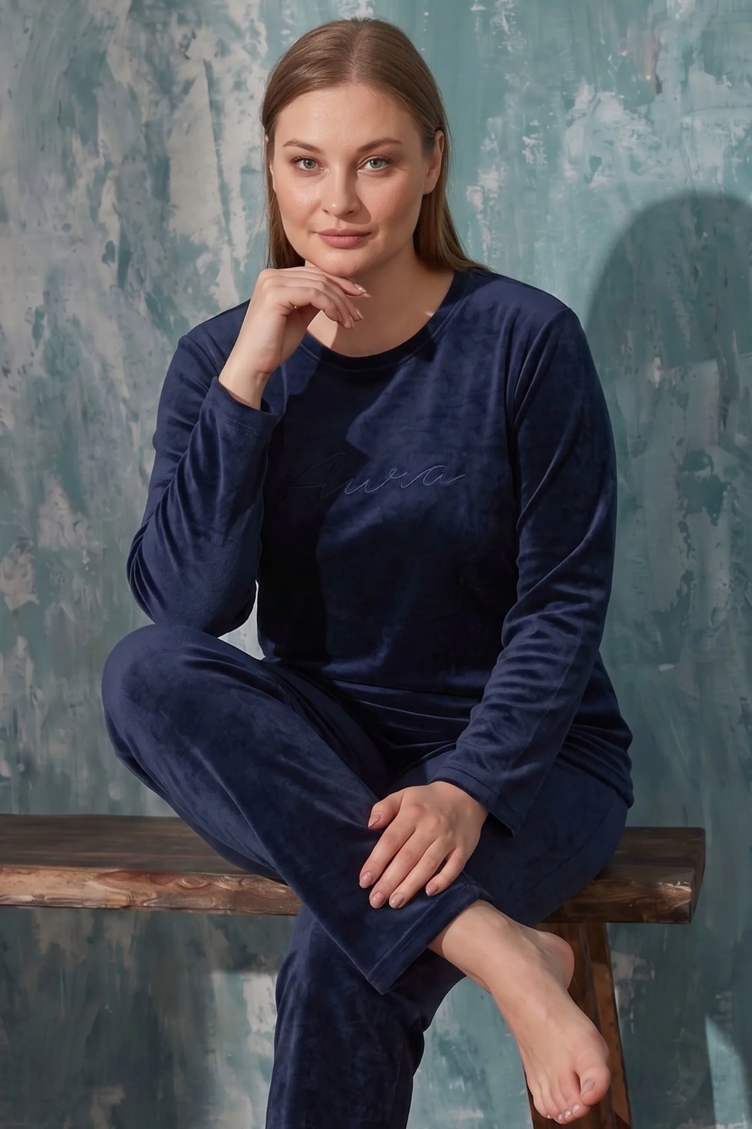 Luxury Velvet Büyük Beden Fransız Kadife Pijama Takımı, Lacivert, 2XL