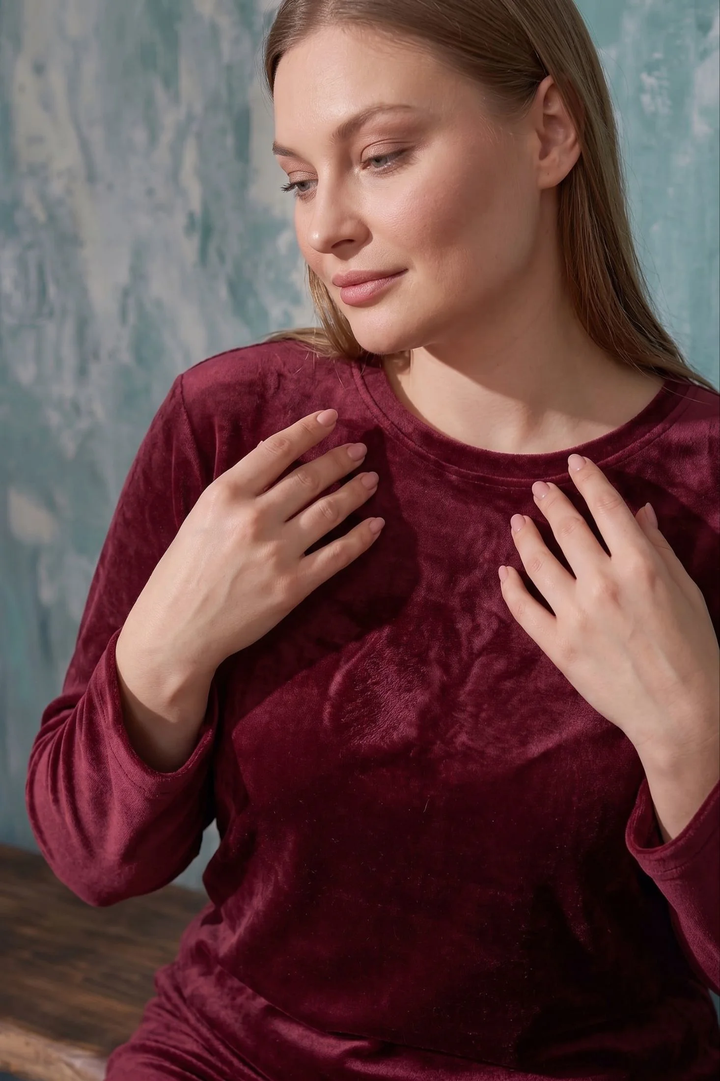 Luxury Velvet Büyük Beden Fransız Kadife Pijama Takımı, Bordo, 3XL