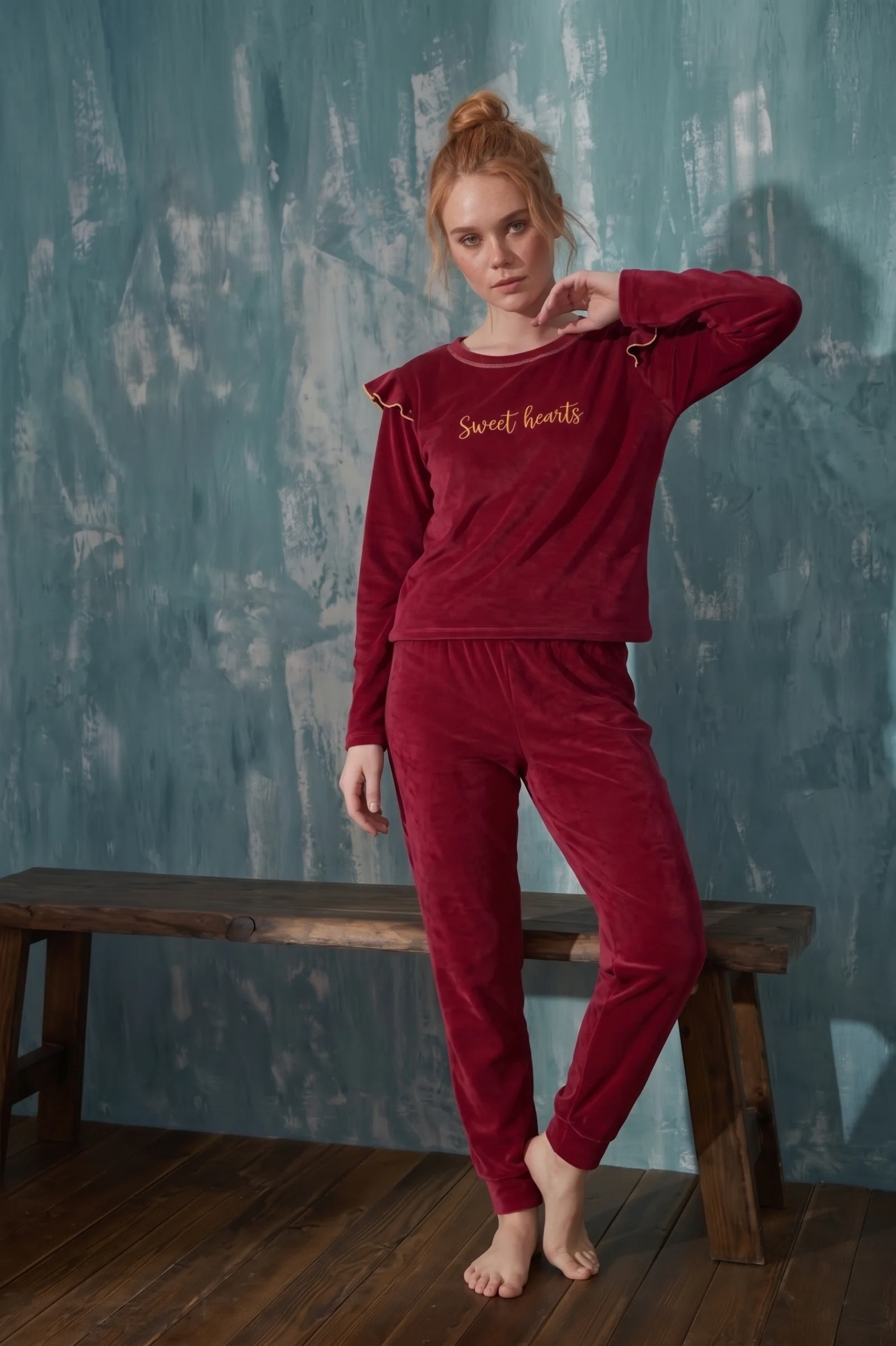 Luxury Velvet Fransız Kadife Omuzları Fırfırlı Manşetli Pijama Takımı, Bordo, XL