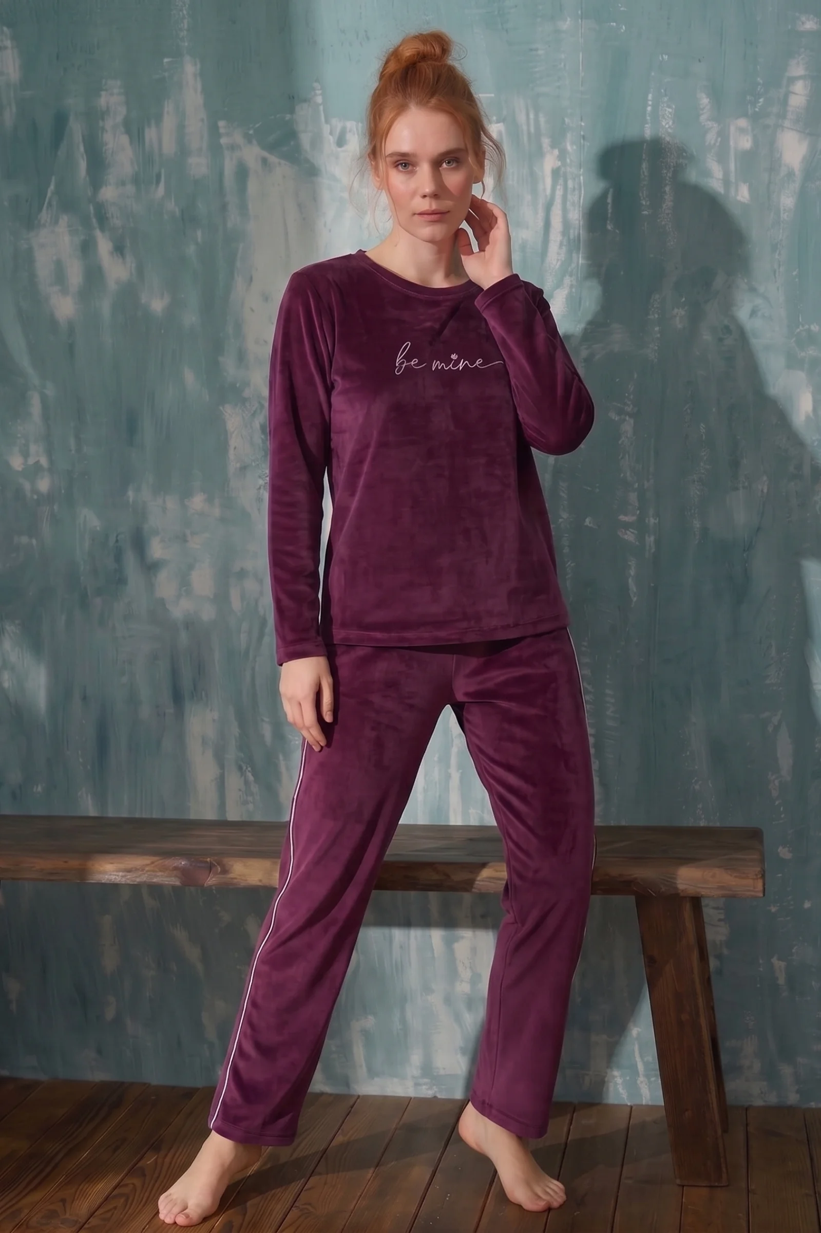 Luxury Velvet Fransız Kadife Yanları Şeritli Ekstra Soft Pijama Takımı, Mürdüm, XL Luxury Velvet Fransız Kadife Yanları Şeritli Ekstra Soft Pijama Takımı, Mürdüm, XL