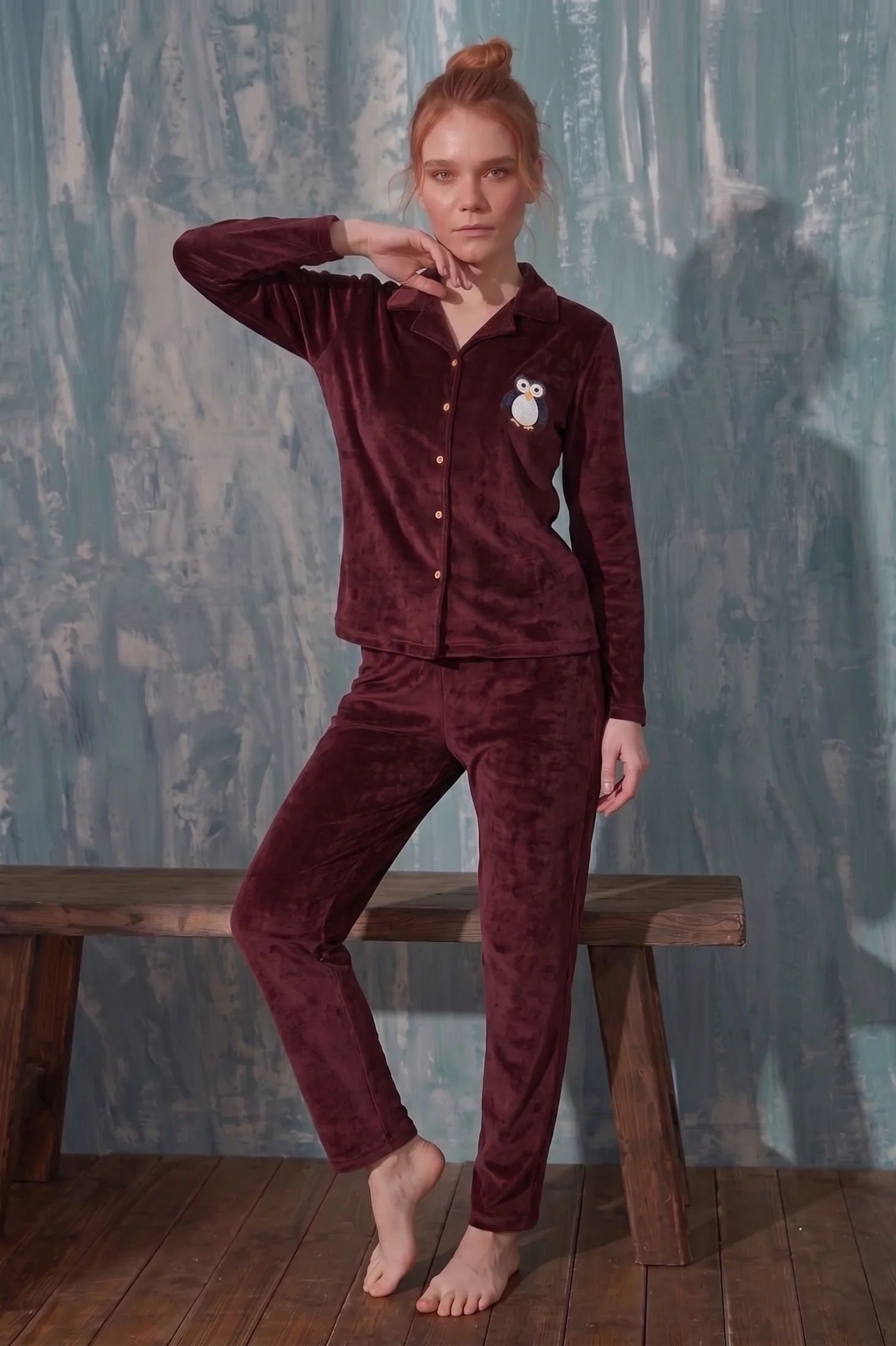 Luxury Velvet Fransız Kadife Düğmeli Penguen Nakışlı Gömlek Pijama Takımı, Bordo, L Fiyatı, Yorumları ve Özellikleri