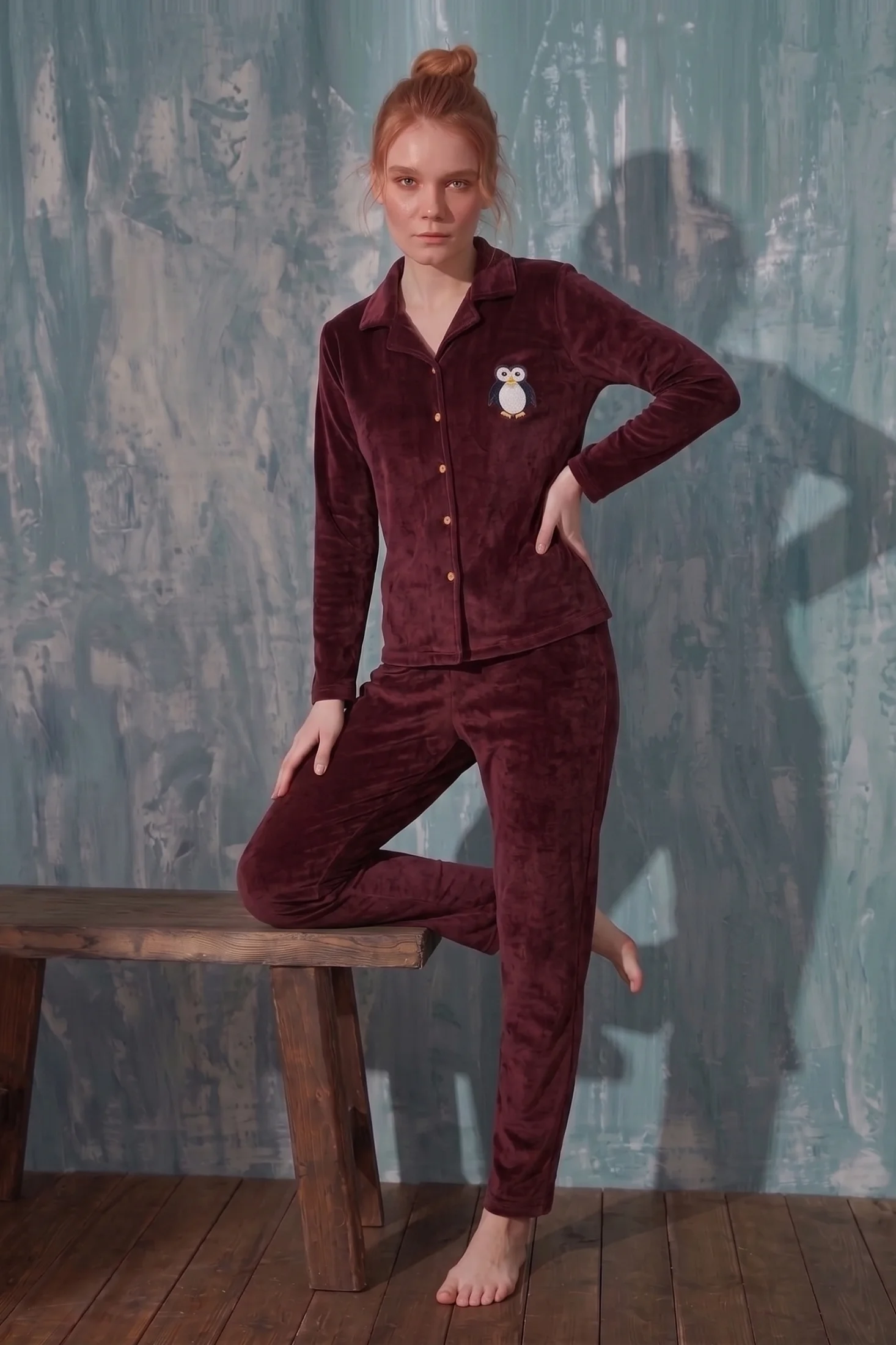 Luxury Velvet Fransız Kadife Düğmeli Penguen Nakışlı Gömlek Pijama Takımı, Bordo, M Fiyatı, Yorumları ve Özellikleri