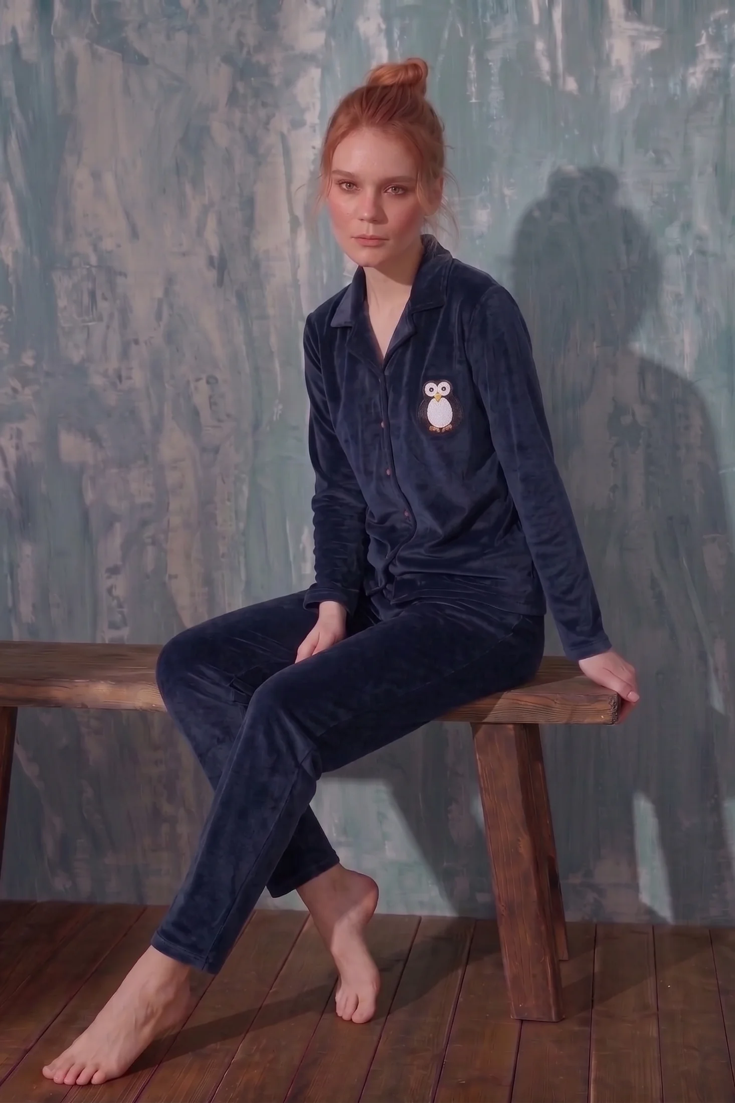 Luxury Velvet Fransız Kadife Düğmeli Penguen Nakışlı Gömlek Pijama Takımı, Lacivert, XL Fiyatı, Yorumları ve Özellikleri