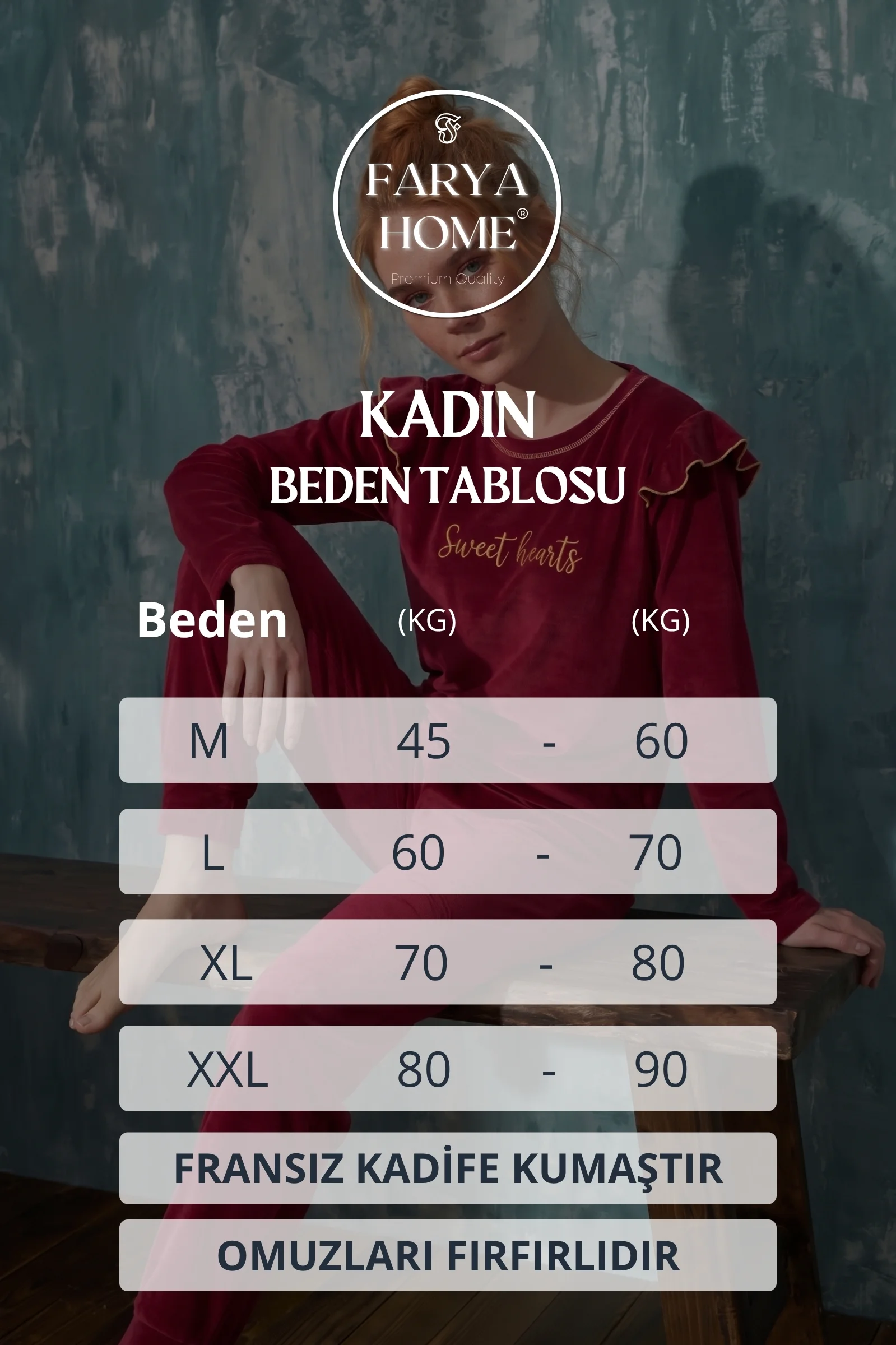 Luxury Velvet Fransız Kadife Omuzları Fırfırlı Manşetli Pijama Takımı, Bordo, XL