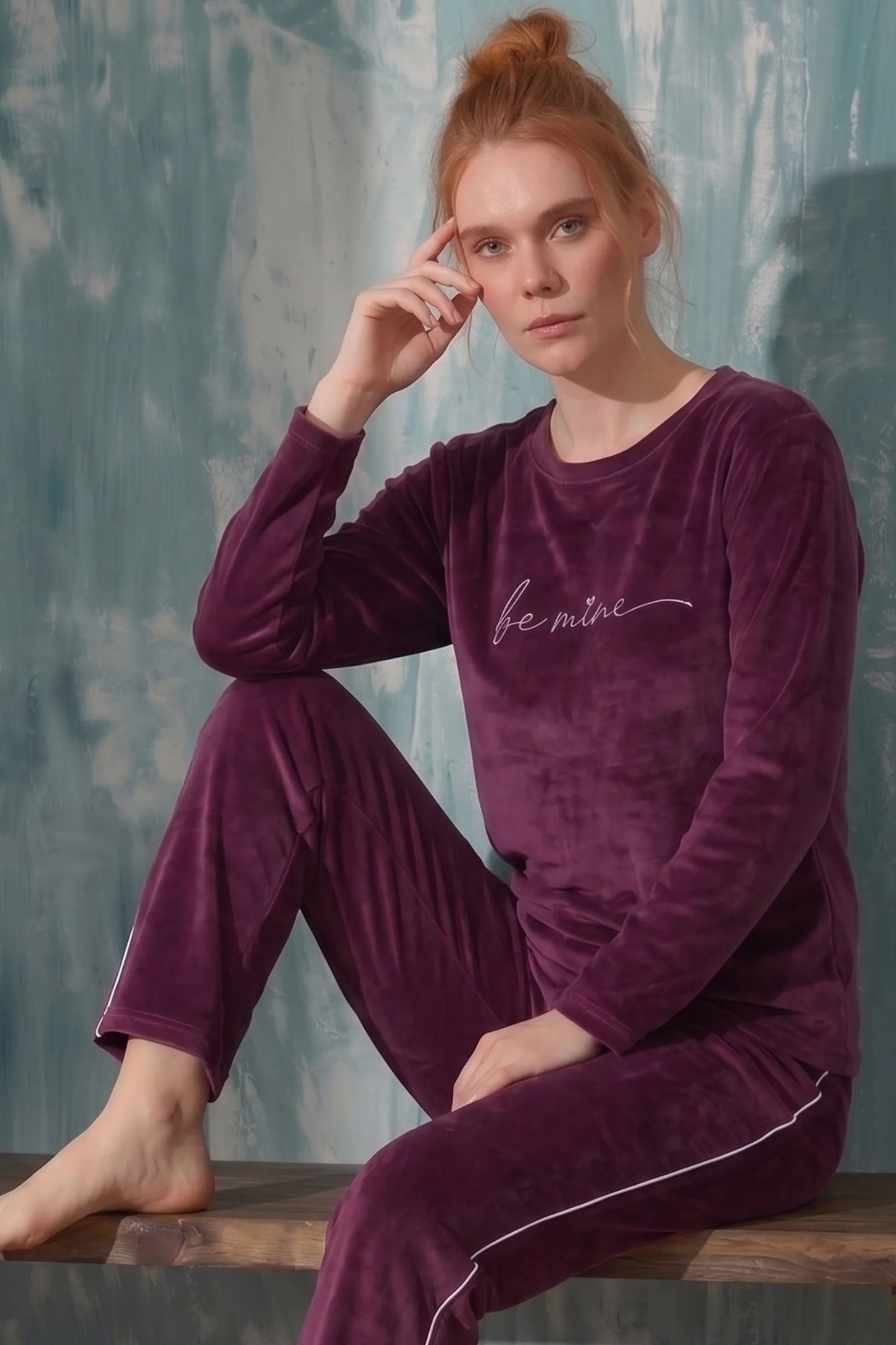 Luxury Velvet Fransız Kadife Yanları Şeritli Ekstra Soft Pijama Takımı, Mürdüm, XL Luxury Velvet Fransız Kadife Yanları Şeritli Ekstra Soft Pijama Takımı, Mürdüm, XL