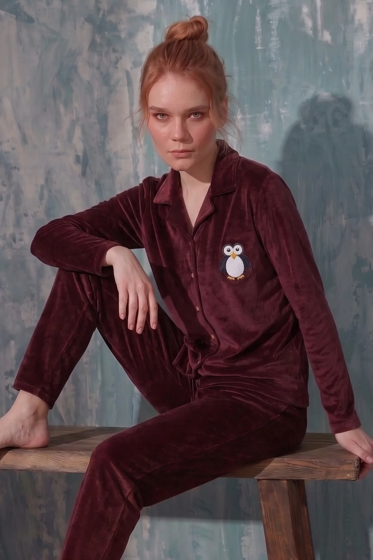 Luxury Velvet Fransız Kadife Düğmeli Penguen Nakışlı Gömlek Pijama Takımı, Bordo, XL Fiyatı, Yorumları ve Özellikleri
