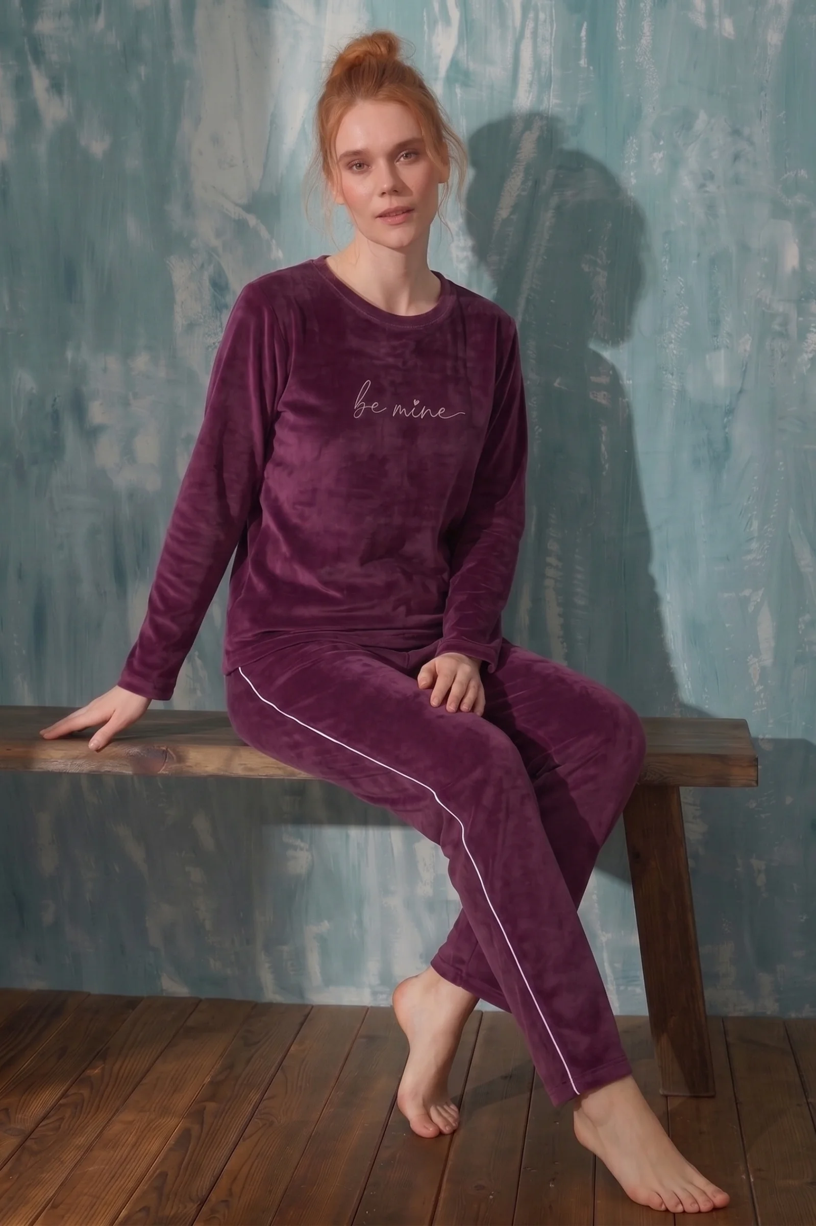 Luxury Velvet Fransız Kadife Yanları Şeritli Ekstra Soft Pijama Takımı, Mürdüm, XL Luxury Velvet Fransız Kadife Yanları Şeritli Ekstra Soft Pijama Takımı, Mürdüm, XL