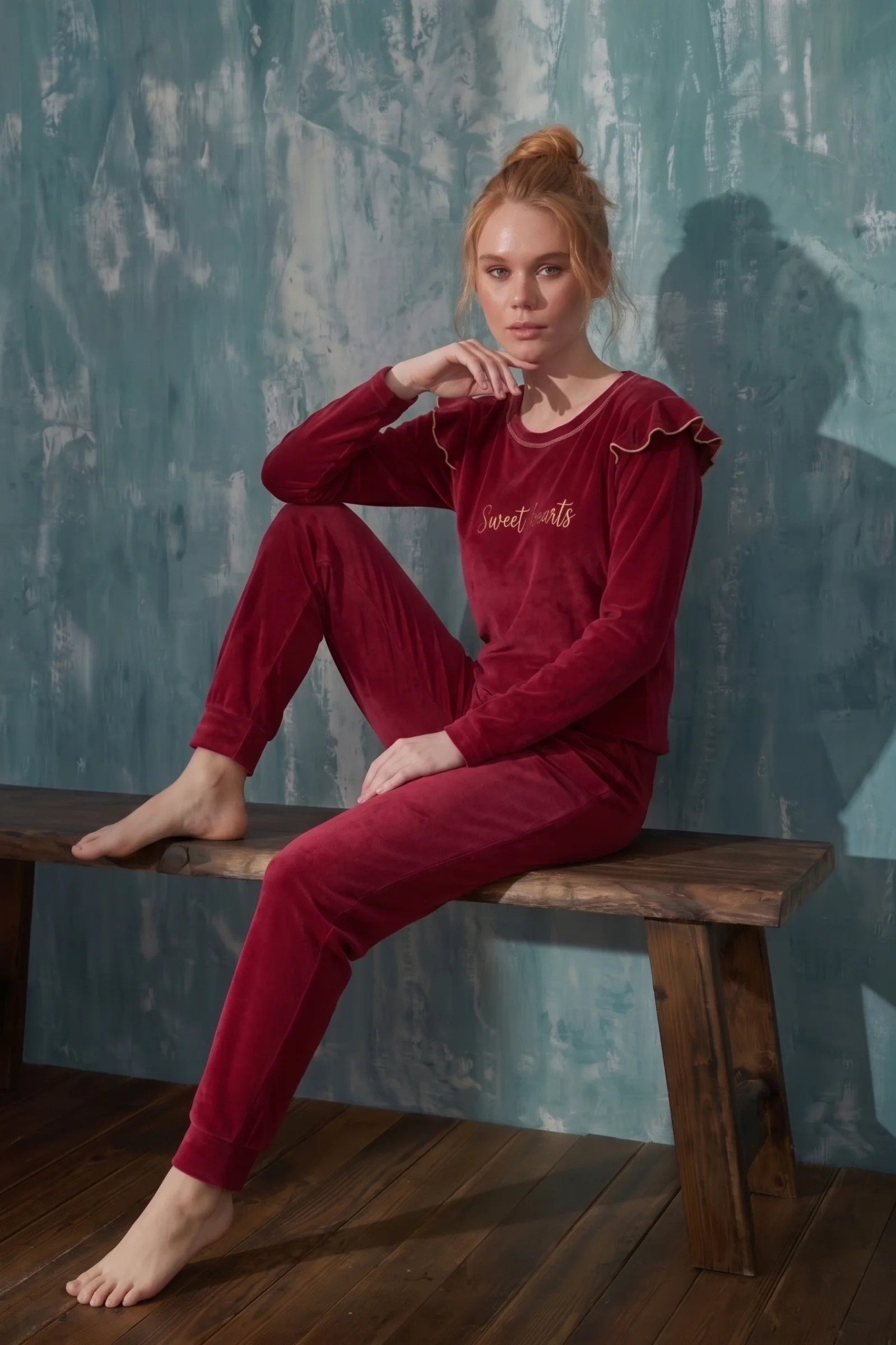 Luxury Velvet Fransız Kadife Omuzları Fırfırlı Manşetli Pijama Takımı, Bordo, XL