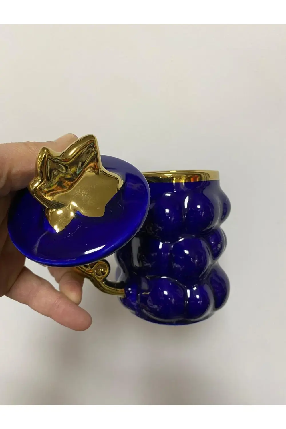 Lvn Porselen Üzüm Desenli Kapaklı Kupa Lacivert