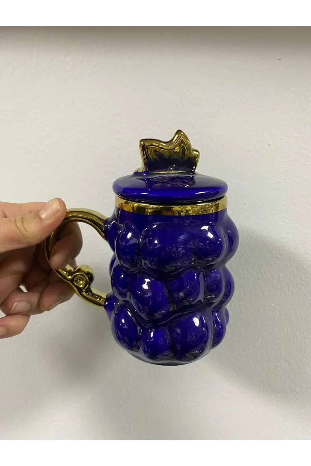 Lvn Porselen Üzüm Desenli Kapaklı Kupa Lacivert