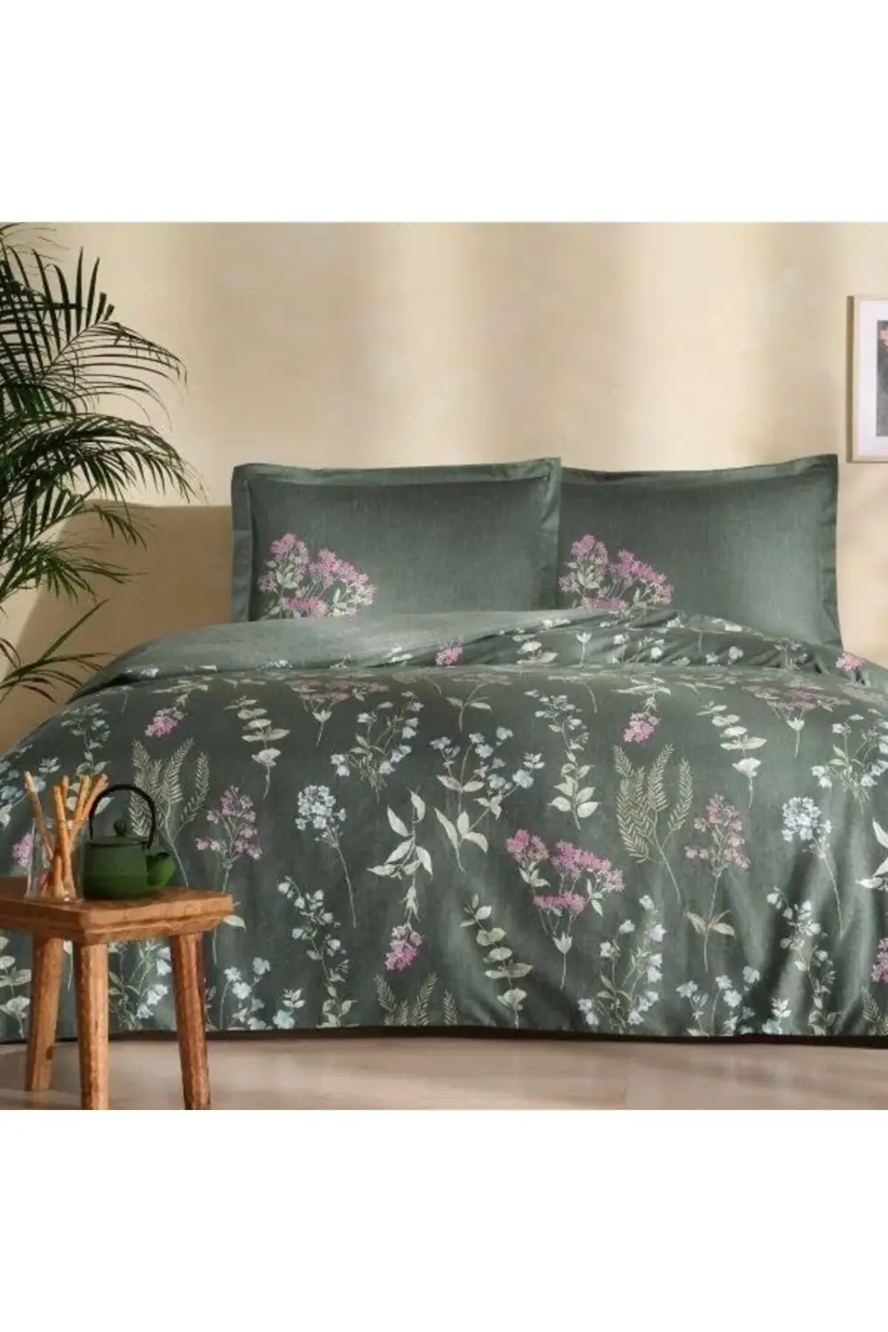 lvnshop Ruth Desenli%100 Pamuk Nevresim Takımı, Yeşil, Çift Kişil