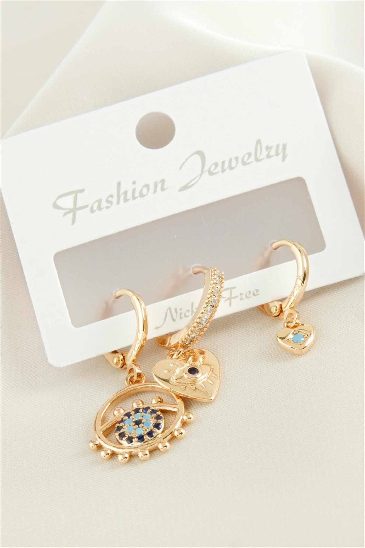 LVSQVR 3 Adet Kalp Nazar Zirkon (141315) Taşlı Küpe-Sarı