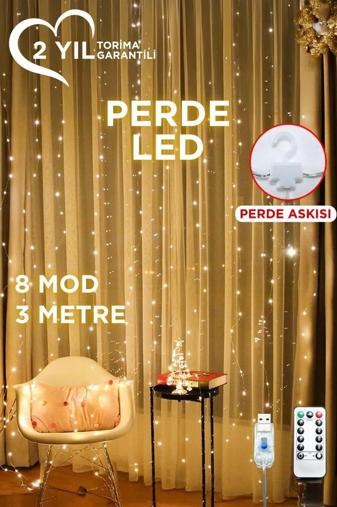 Lw-7 300 Ledli 10 Sarkıt Perde Led Işık, 8 Modlu Uzaktan Kumandal Lw-7 300 Ledli 10 Sarkıt Perde Led Işık, 8 Modlu Uzaktan Kumandal