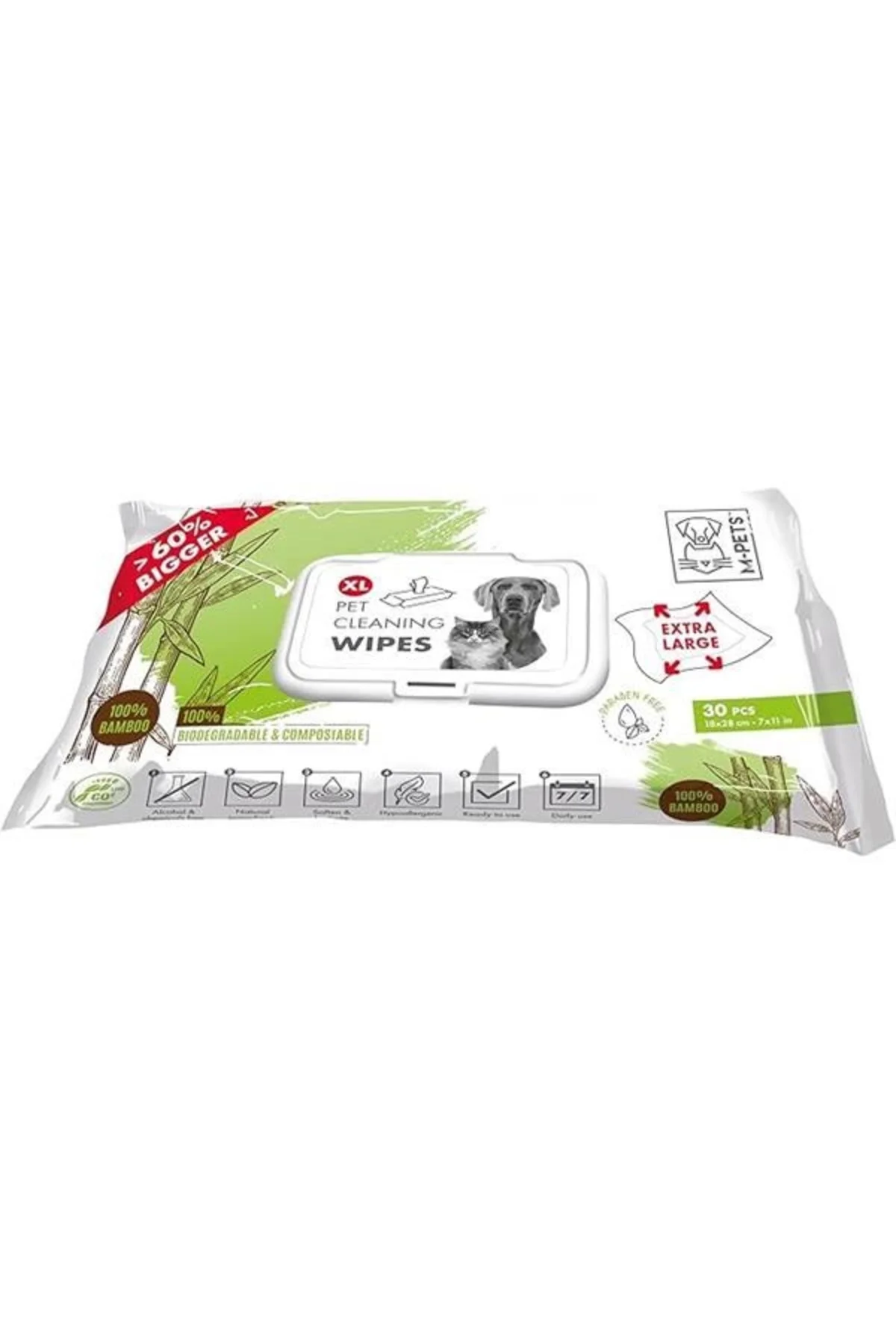 M-PETS BAMBOO XL KEDİ/KÖPEKLER İÇİN TEMİZLEME MENDİLİ 30LU