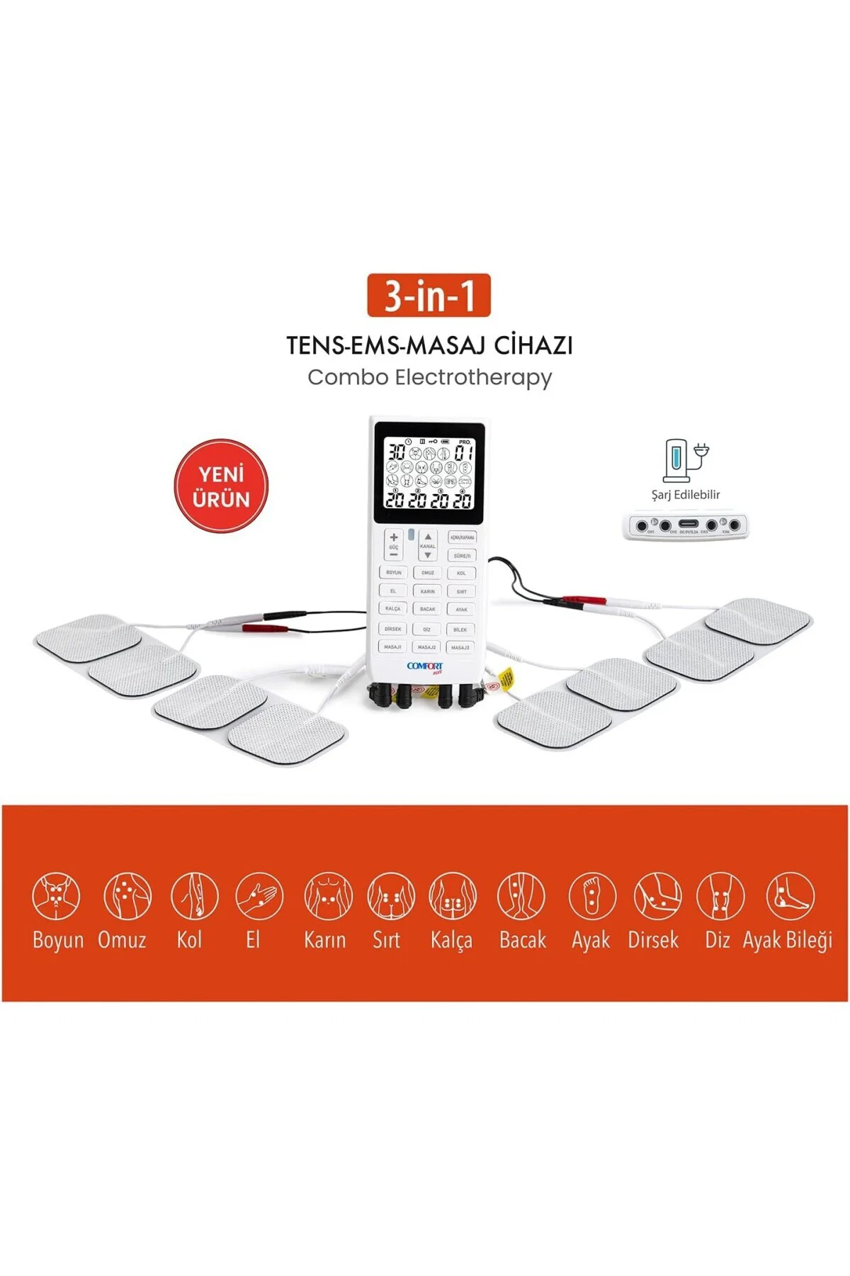 M101A-WH2 | 4 Kanallı 8 Pedli 60 Prog | Şarjlı | Dijital EMS & TENS | Fizik Tedavi ve M