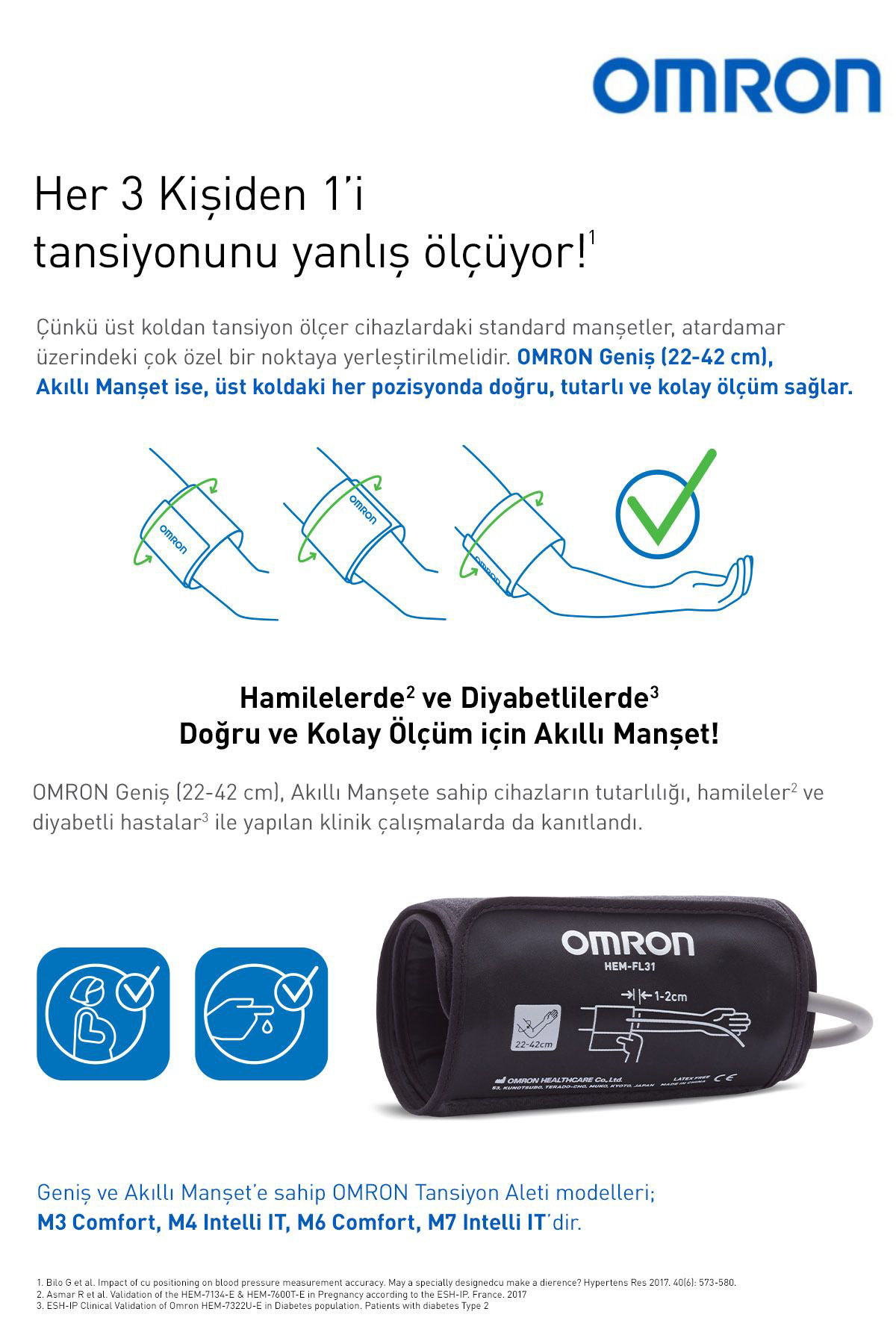 Omron M2+ 30 Ölçüm Hafızalı Geniş Manşetli Üst Koldan Ölçer Pilli Dijit