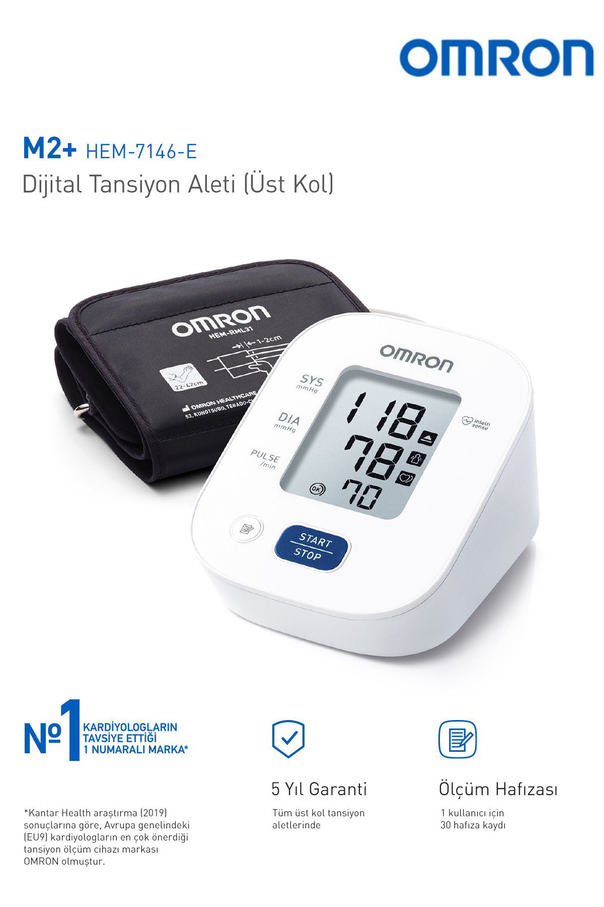 Omron M2+ 30 Ölçüm Hafızalı Geniş Manşetli Üst Koldan Ölçer Pilli Dijit