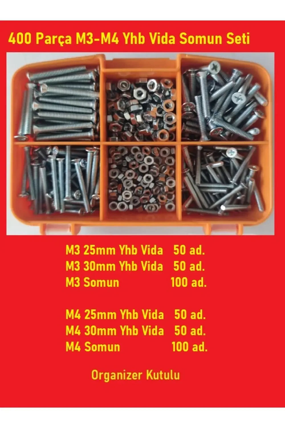 M3-M4 Yhb Vida Somun Seti-400 Adet   boy 25-30  Mm Organizer Kutu