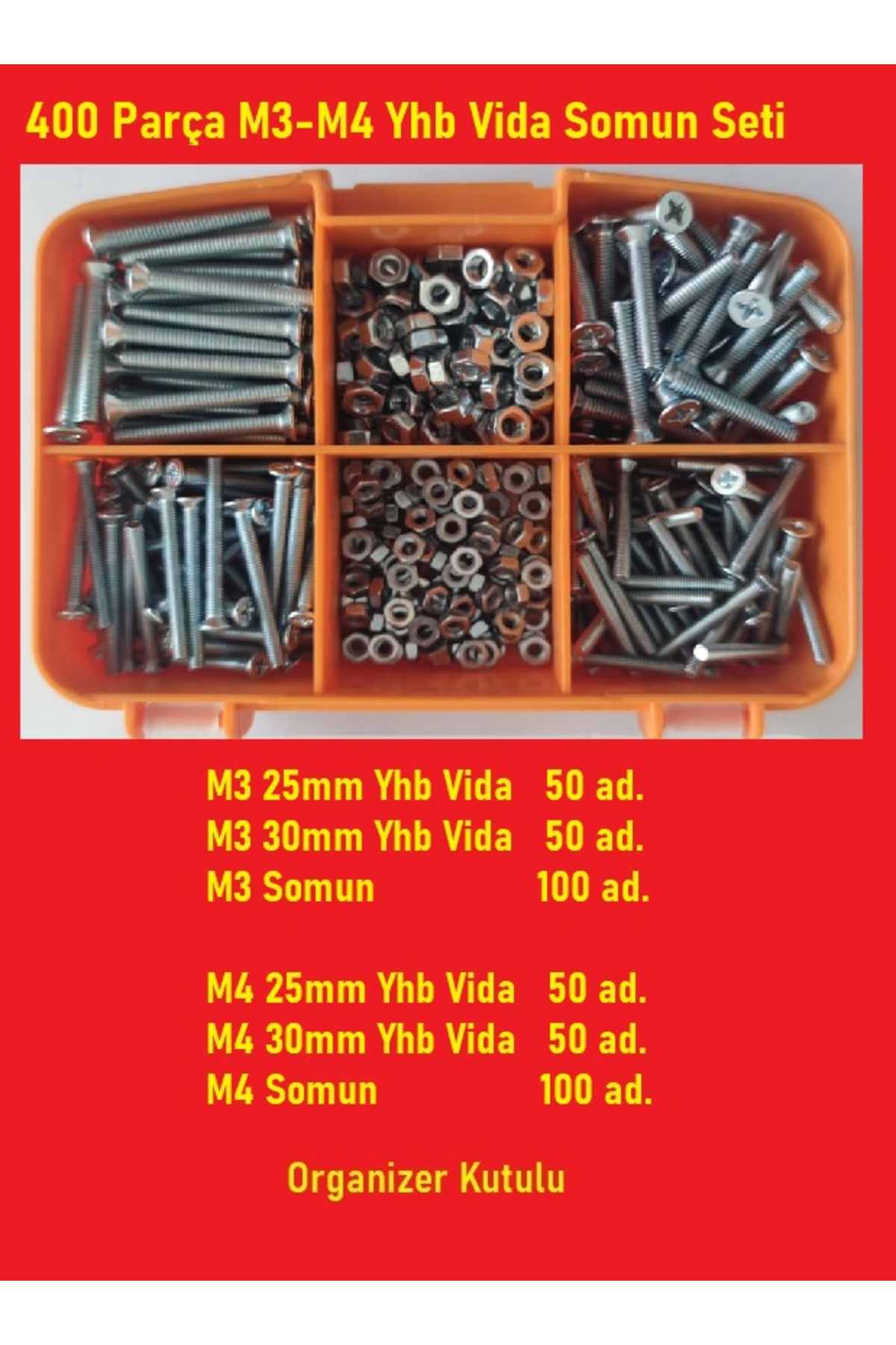 M3-M4 Yhb Vida Somun Seti-400 Adet   boy 25-30  Mm Organizer Kutu