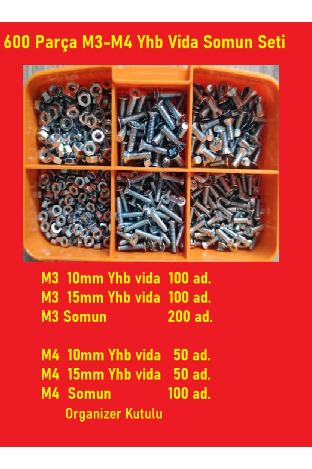 M3-M4 Yhb Vida Somun Seti-600 Adet   boy 10-15  Mm Organizer Kutu