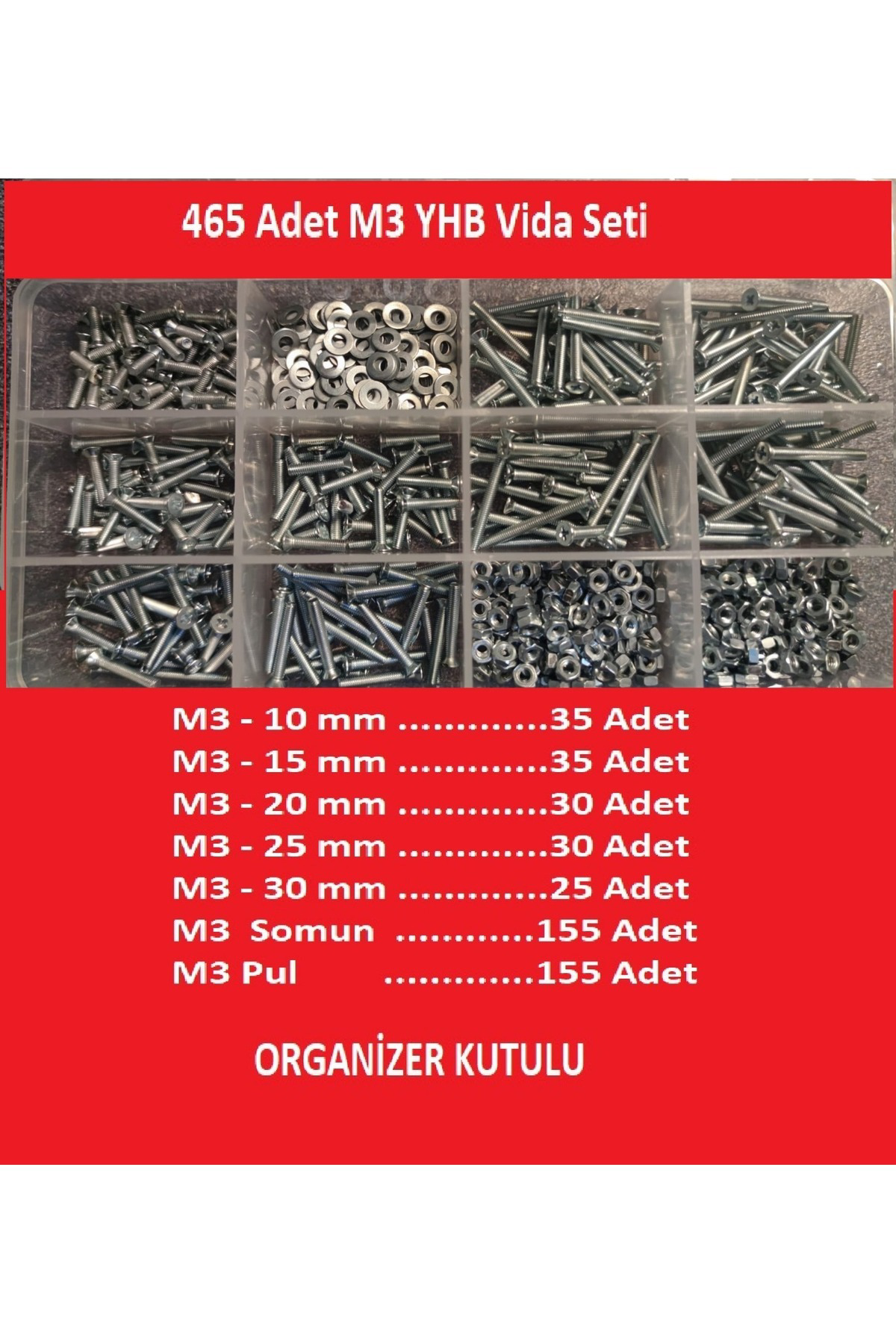 M3 Yhb Vida Somun Pul Seti-465 Adet-metrik 3mm-boy 10-15-20-25-30