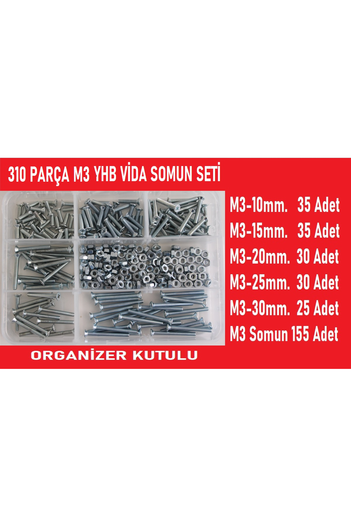 M3 Yhb Vida Somun Seti-310 Adet-metrik 3mm-boy 10-15-20-25-30 Mm 