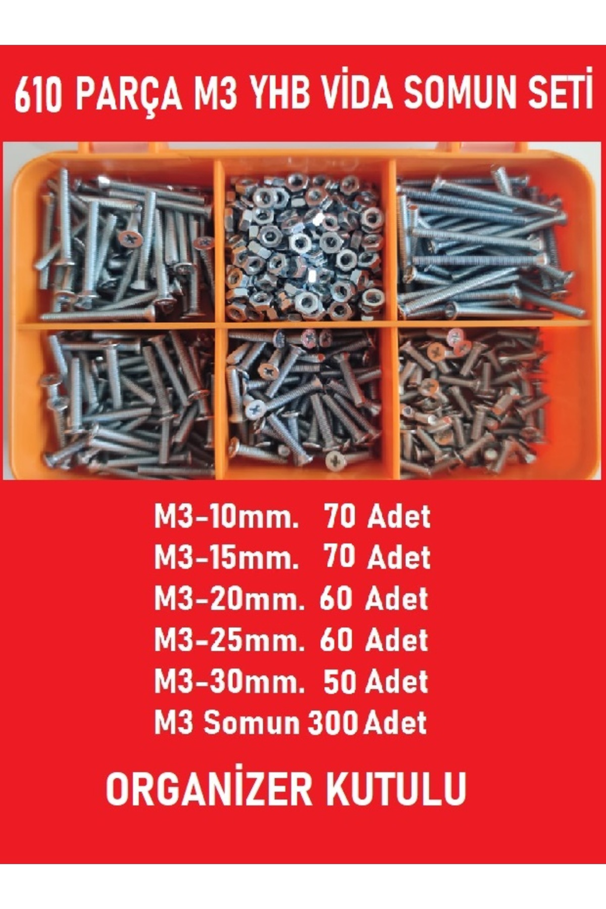 M3 Yhb Vida Somun Seti-610 Adet-metrik 3mm-boy 10-15-20-25-30 Mm 