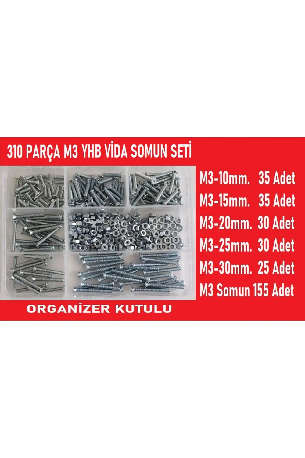 M3 Yhb Vida Somun Seti-310 Adet-metrik 3mm-boy 10-15-20-25-30 Mm