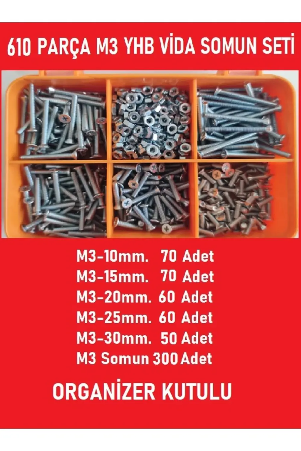 M3 Yhb Vida Somun Seti-610 Adet-metrik 3mm-boy 10-15-20-25-30 Mm