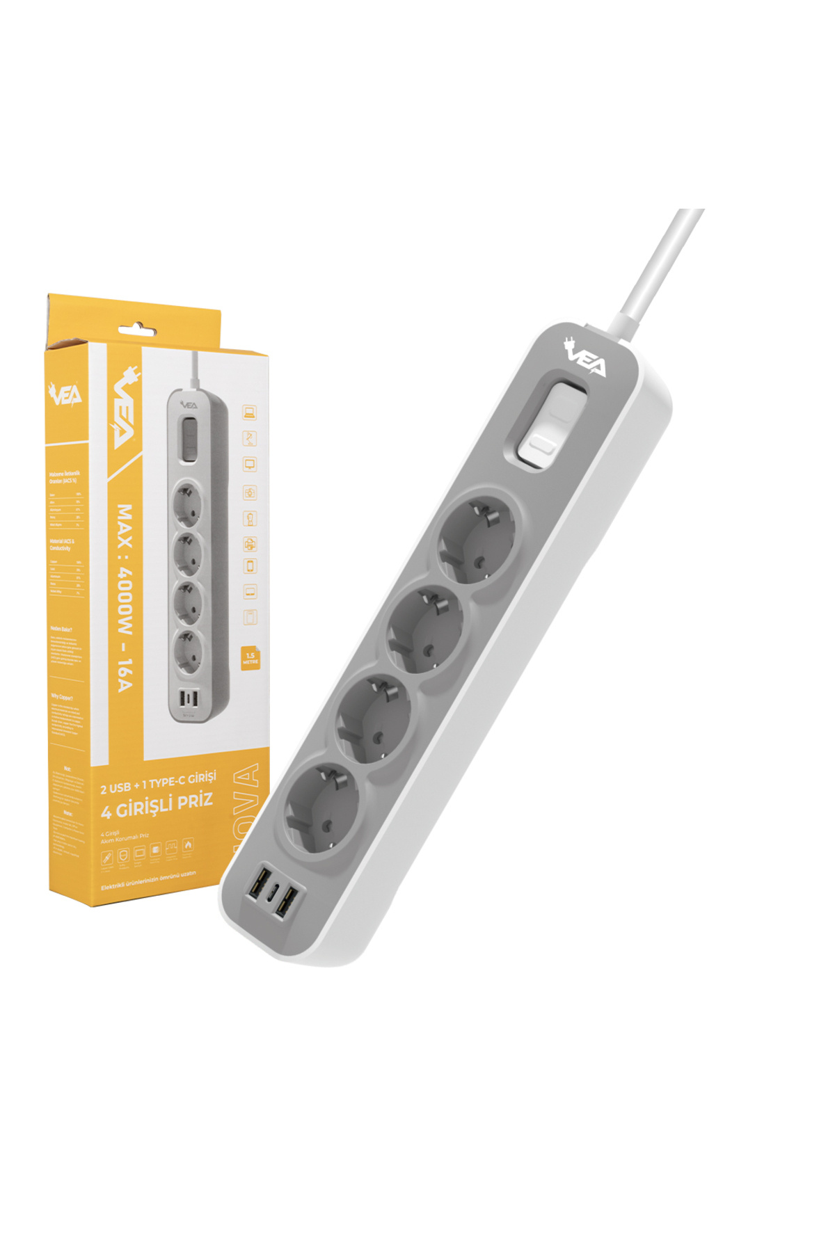 M3lfs- Ve-nova104u A Class 4lü 2 Usbli Anahtarli 1.5 Metre Akim K