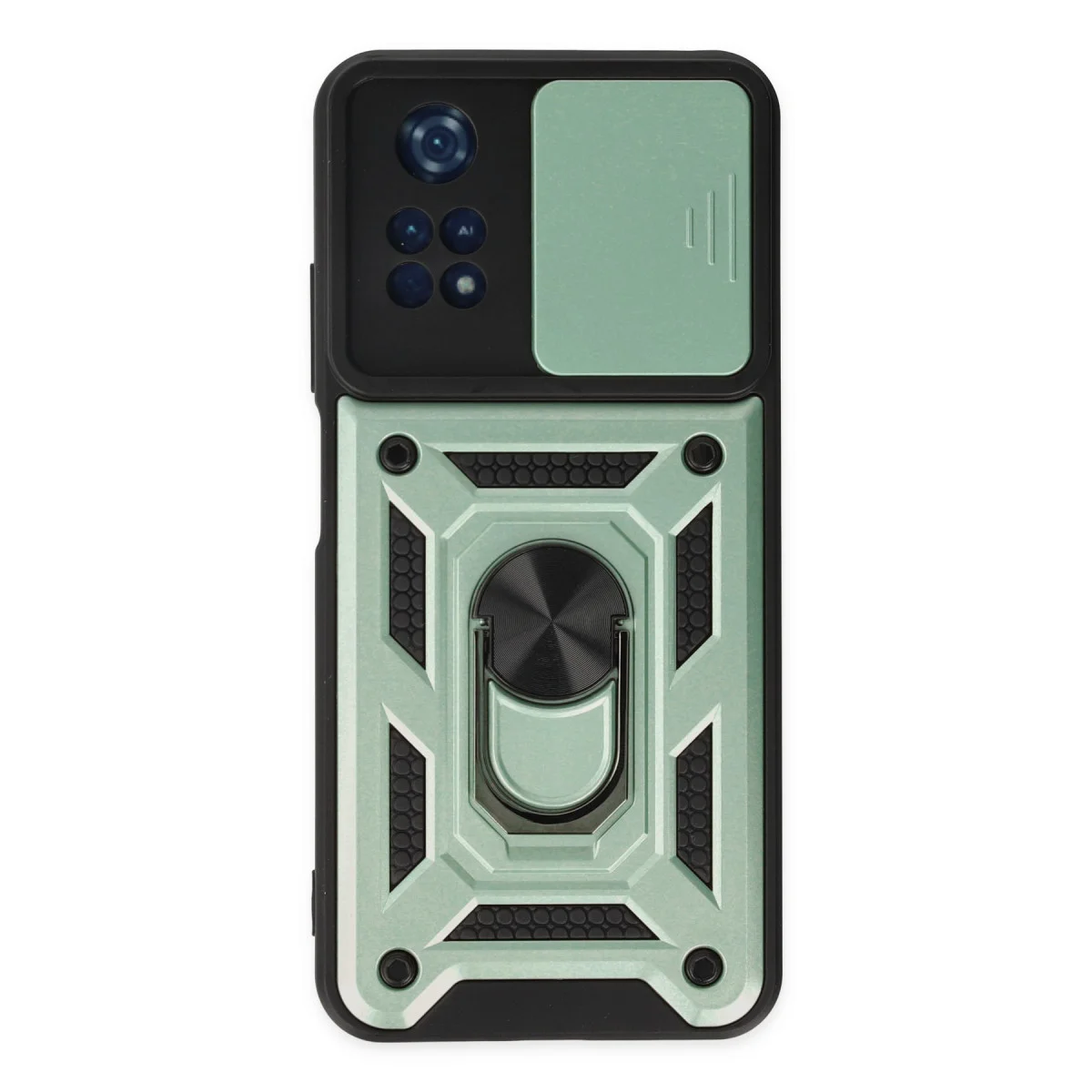 M4 Pro 4G Kılıf - Yeşil Silikon Kılıf Pars Lens Yüzüklü ve Metal Standlı