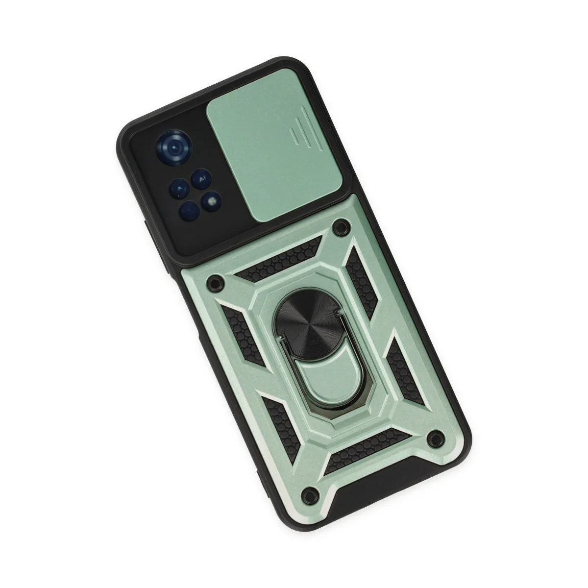 M4 Pro 4G Kılıf - Yeşil Silikon Kılıf Pars Lens Yüzüklü ve Metal Standlı