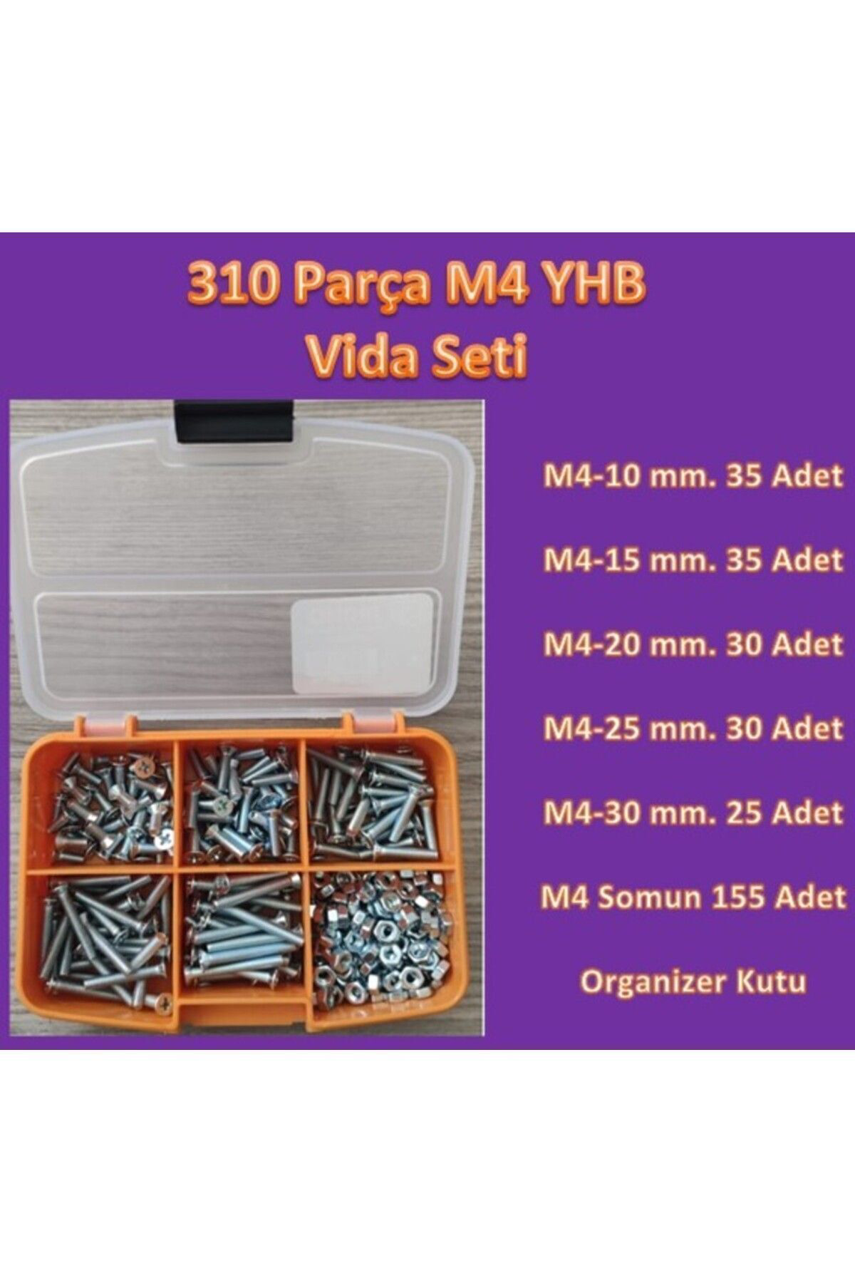 M4 Yhb Vida Somun Seti-310 Adet-metrik 4mm-boy 10-15-20-25-30 Mm 