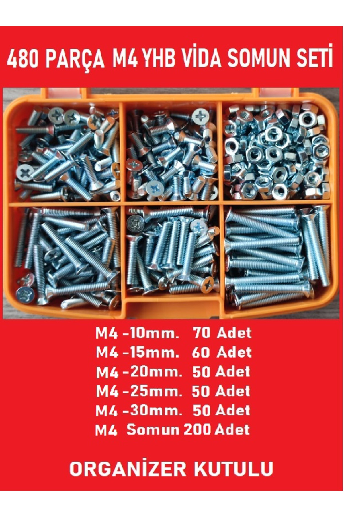 M4 Yhb Vida Somun Seti-480 Adet-metrik 4mm-boy 10-15-20-25-30 Mm 